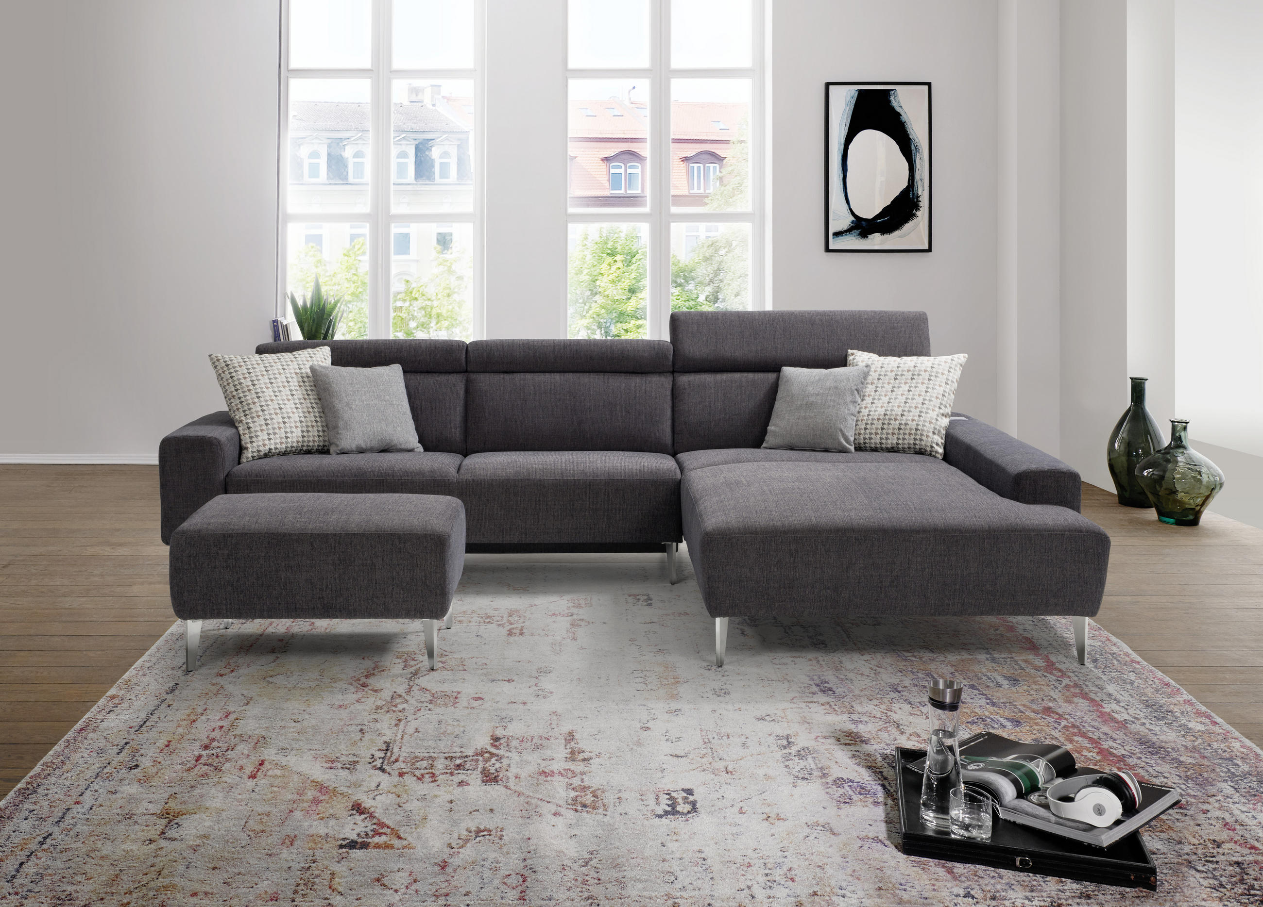 Thumbnail - Sedda Ecksofa, Braun, Textil, Uni, 5-Sitzer, Ottomane rechts, L-Form, 308x205 cm, Austria Gütezeichen, AZO-frei, Fußausw...