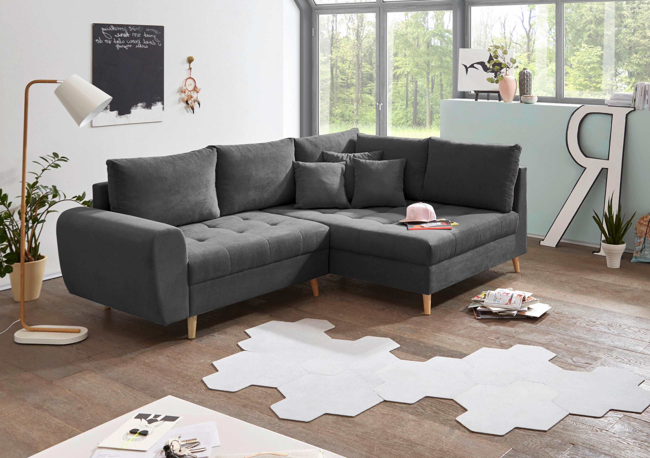 ECKSOFA Anthrazit Mikrovelours  - Anthrazit/Kieferfarben, KONVENTIONELL, Holz/Textil (249/175cm) - MID.YOU