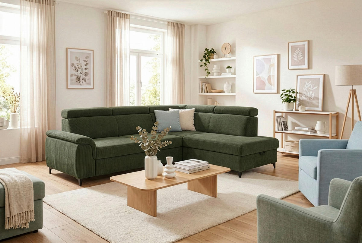 ECKSOFA Dunkelgrün Chenille Bettkasten, Schlaffunktion, Rücken echt, Kopfteilverstellung, Liegefläche im Originalstoff  - Dunkelgrün/Schwarz, KONVENTIONELL, Textil/Metall (265/206cm) - Carryhome