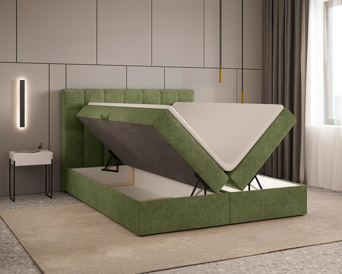 BOXBETT 160/200 cm,  in Dunkelgrün, Bettkasten, Topper, H2 + H3 = mittel + fest  - Dunkelgrün/Schwarz, MODERN, Holz/Kunststoff (160/200cm) - Livetastic
