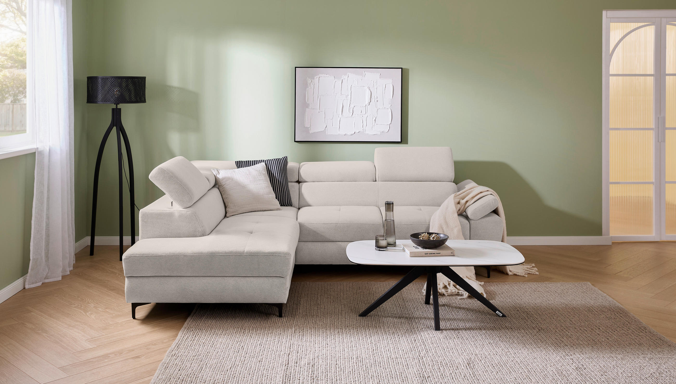 ECKSOFA in Flachgewebe Hellgrau  - Hellgrau/Schwarz, Design, Textil/Metall (206/266cm) - Stylife