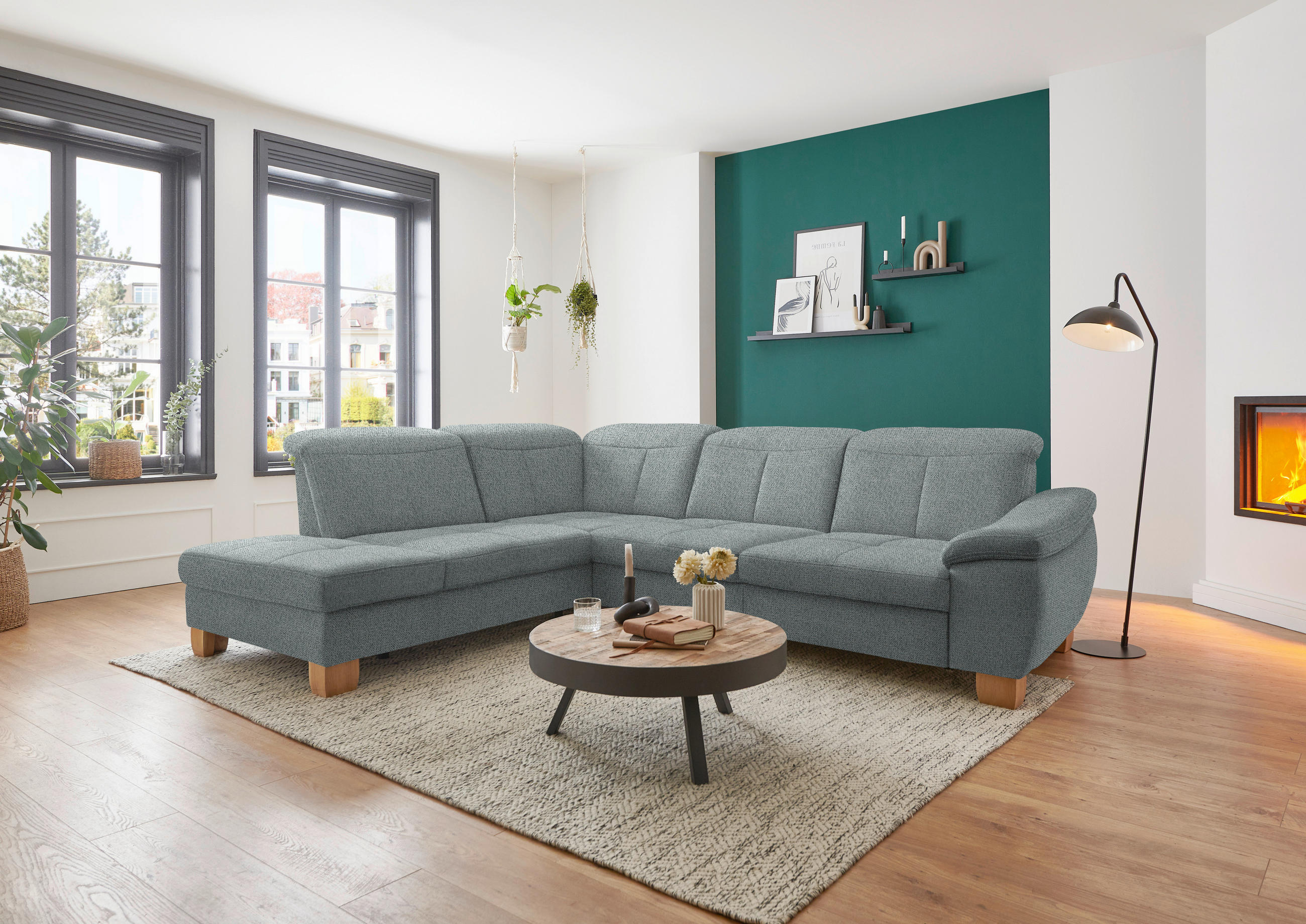 ECKSOFA in Flachgewebe Hellgrau  - Wildeiche/Hellgrau, Natur, Holz/Textil (243/301cm) - Voleo