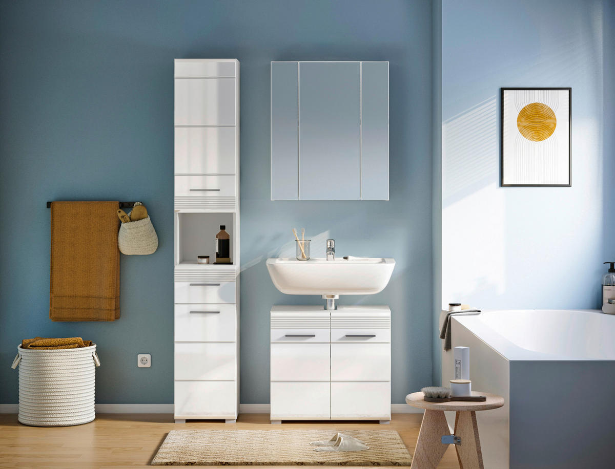 BADEZIMMER 3-teilig  in 90 cm  - Weiß Hochglanz/Silberfarben, MODERN, Glas/Holzwerkstoff (90cm) - MID.YOU