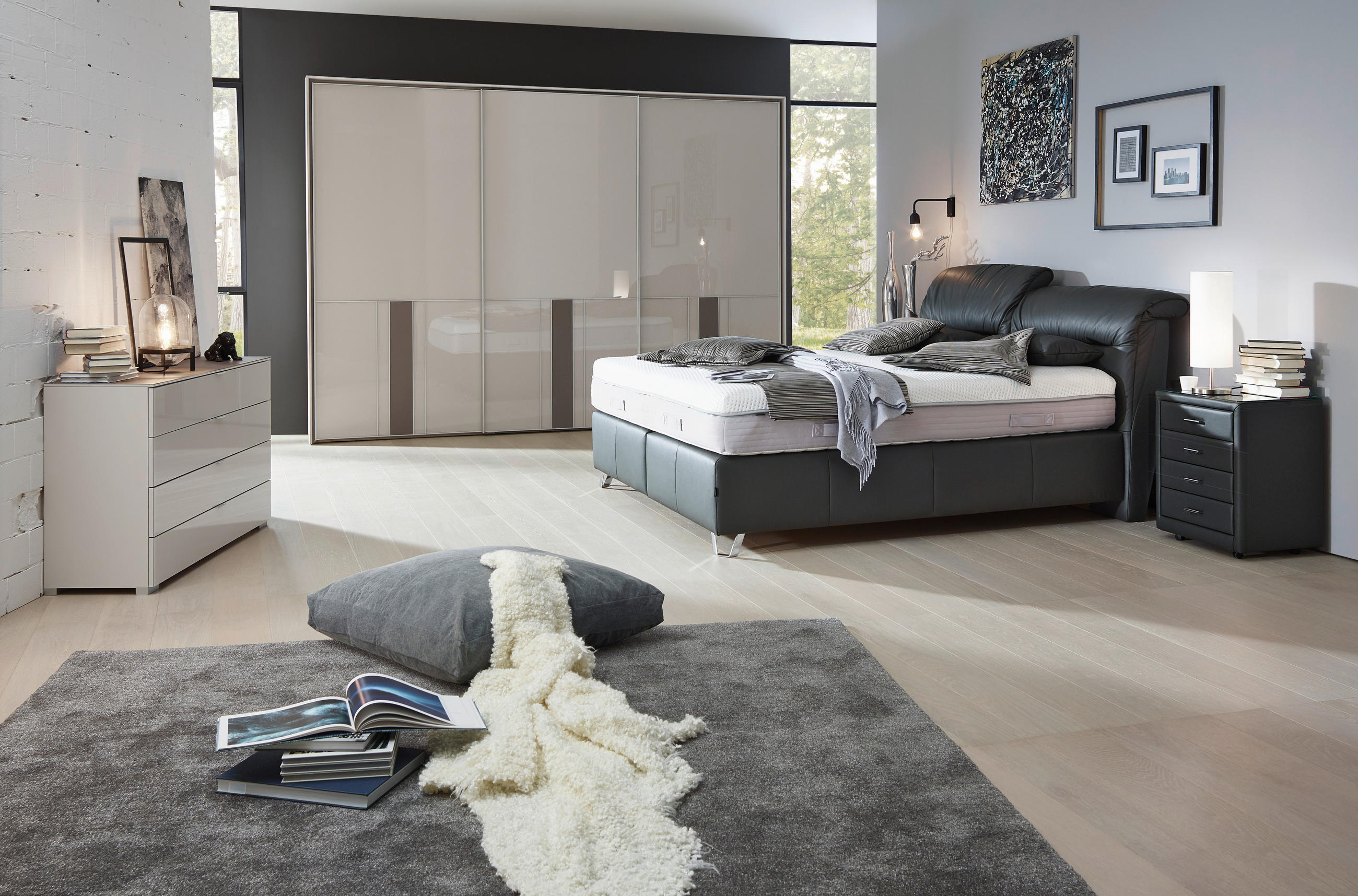 POSTELJA BOXSPRING 180 cm x 200 cm , usnje črna - barve kroma/črna, Design, usnje (180/200cm) - Dieter Knoll