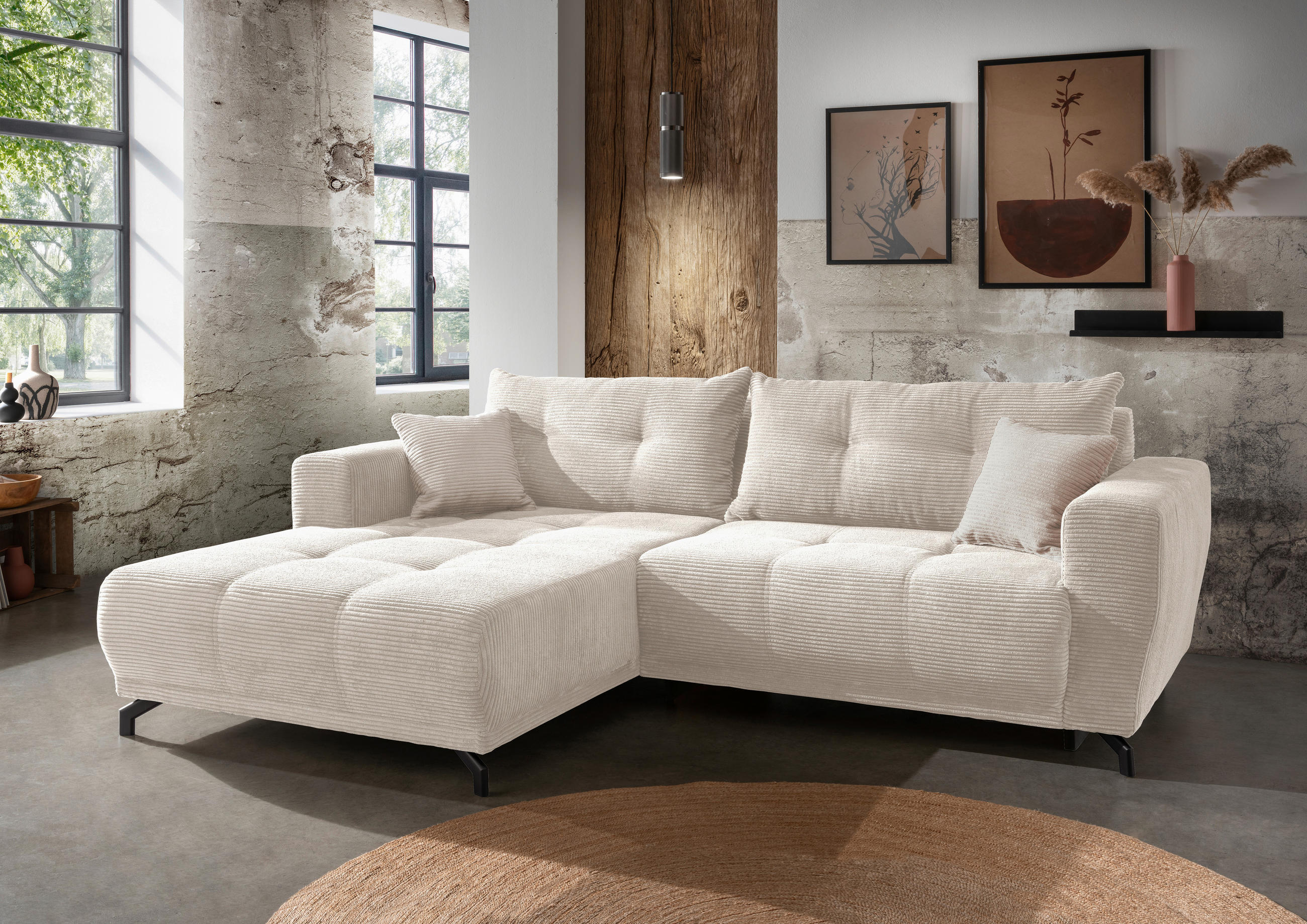 ECKSOFA Beige Cord - Beige/Schwarz, MODERN, Holz/Textil (177/246cm) - MID.YOU