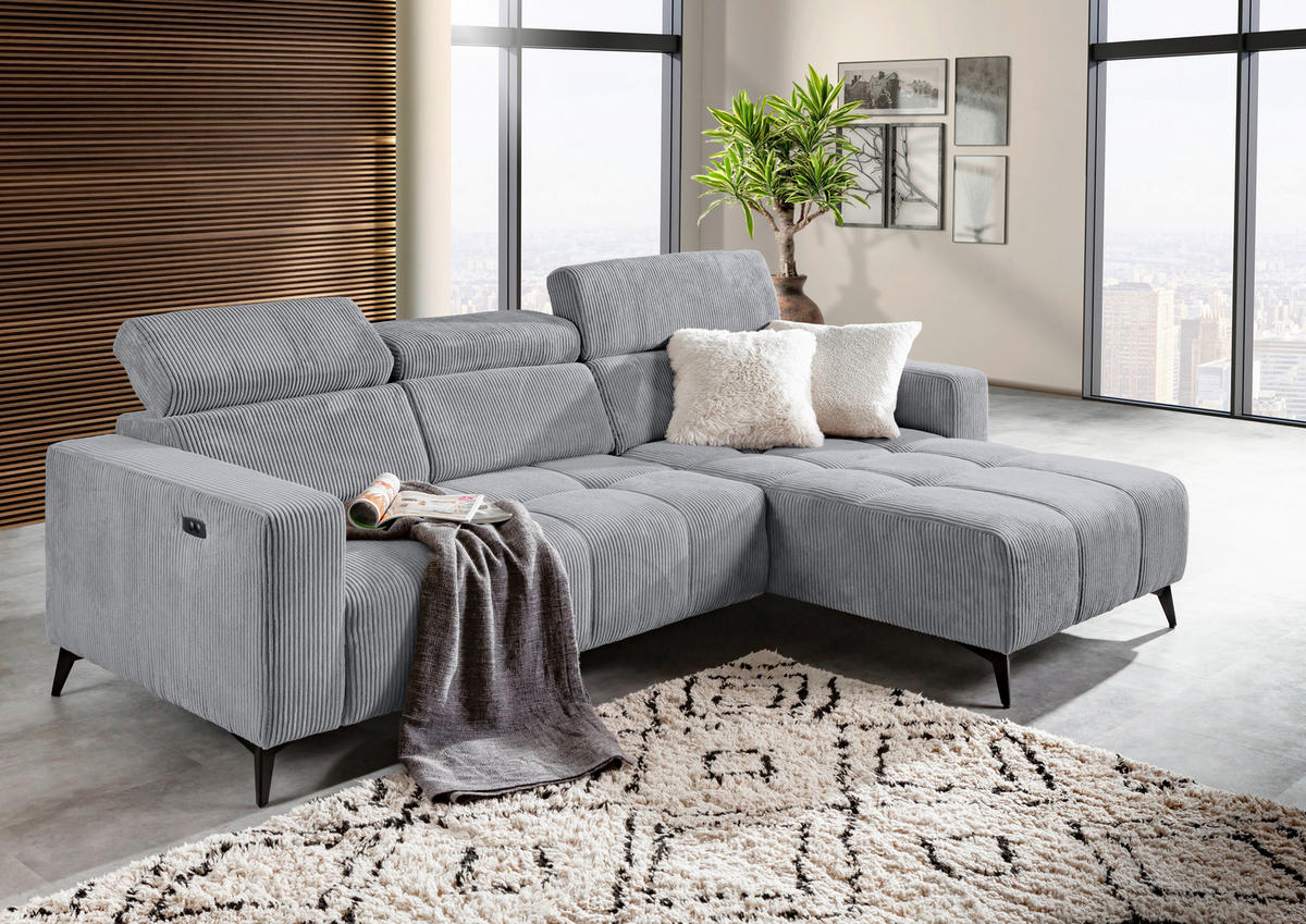 ECKSOFA Hellgrau Cord Rücken echt, Kopfteilverstellung, Sitzvorzug  - Hellgrau/Schwarz, KONVENTIONELL, Textil/Metall (257/170cm) - Carryhome