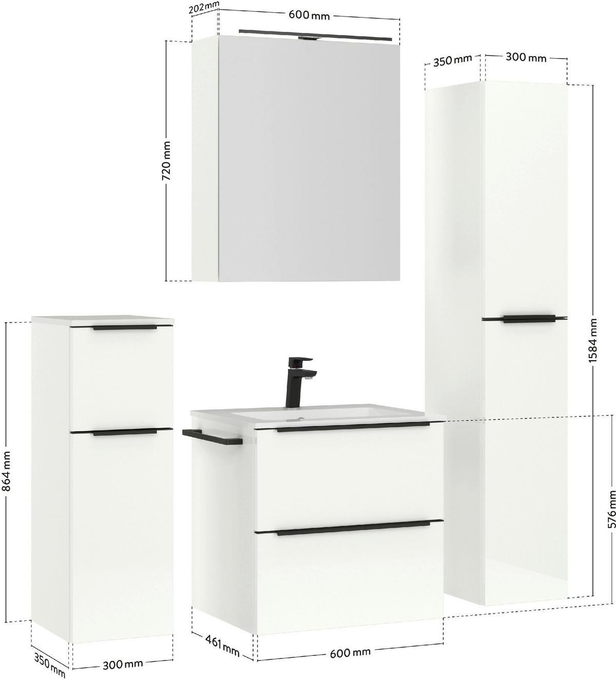 WASCHTISCHKOMBI 61 cm  - Schwarz/Weiß, MODERN, Holzwerkstoff/Stein (61cm) - Nobilia