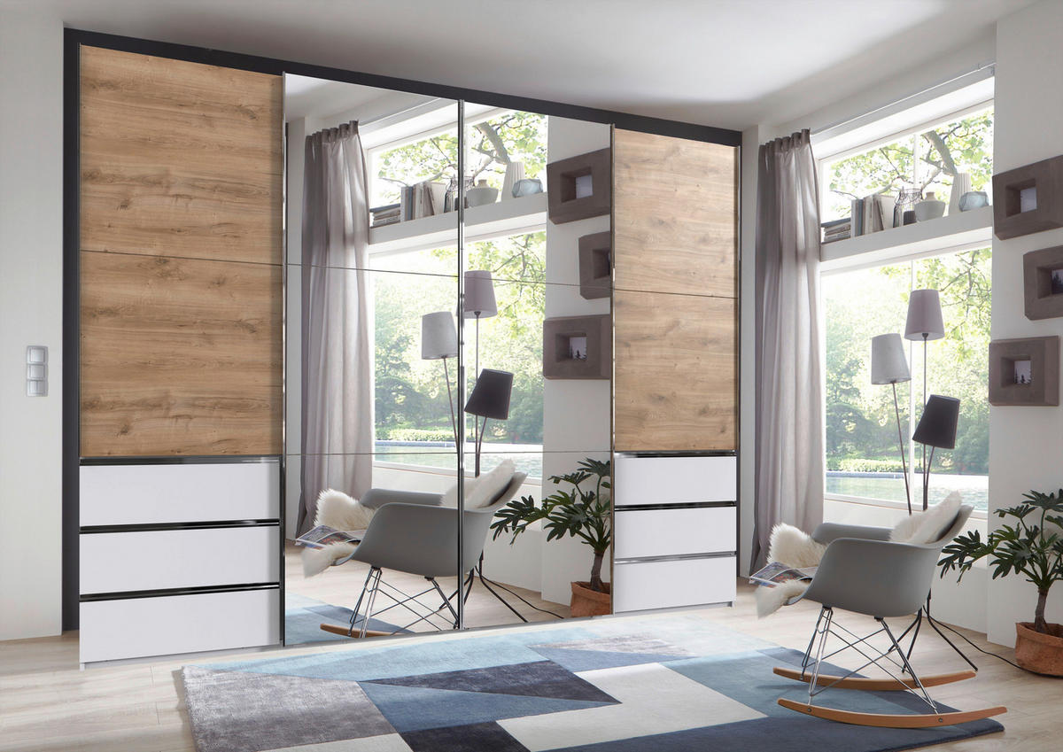 SCHWEBETÜRENSCHRANK 300/236/65 cm 4-türig Weiß, Plankeneiche  - Chromfarben/Plankeneiche, MODERN, Holzwerkstoff/Metall (300/236/65cm) - MID.YOU