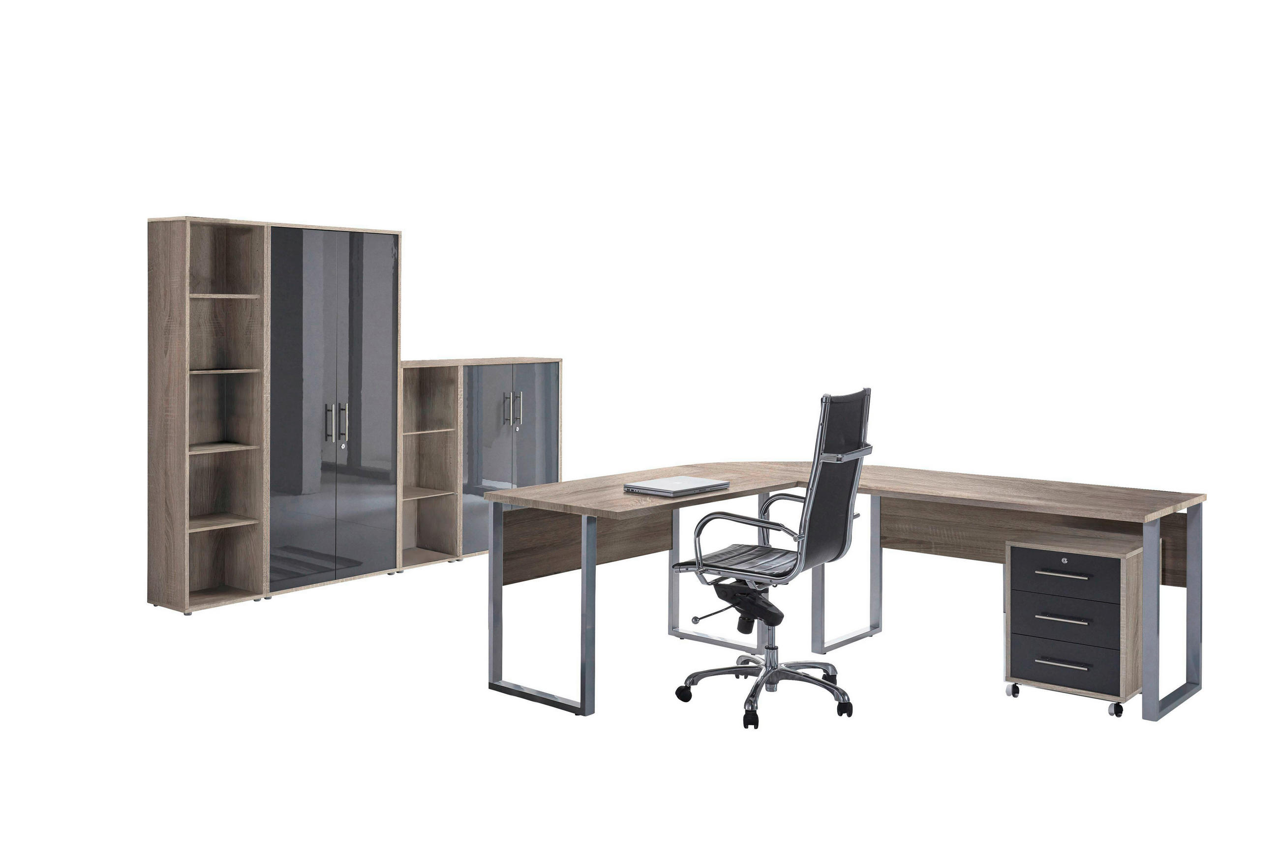 BÜRO erweiterbar, in verschiedenen Holz-Dekoren erhältlich, Schreibtisch seitenverkehrt montierbar, abschließbar Sonoma Eiche, Anthrazit Hochglanz - Anthrazit Hochglanz/Sonoma Eiche, MODERN, Holzwerkstoff - MID.YOU
