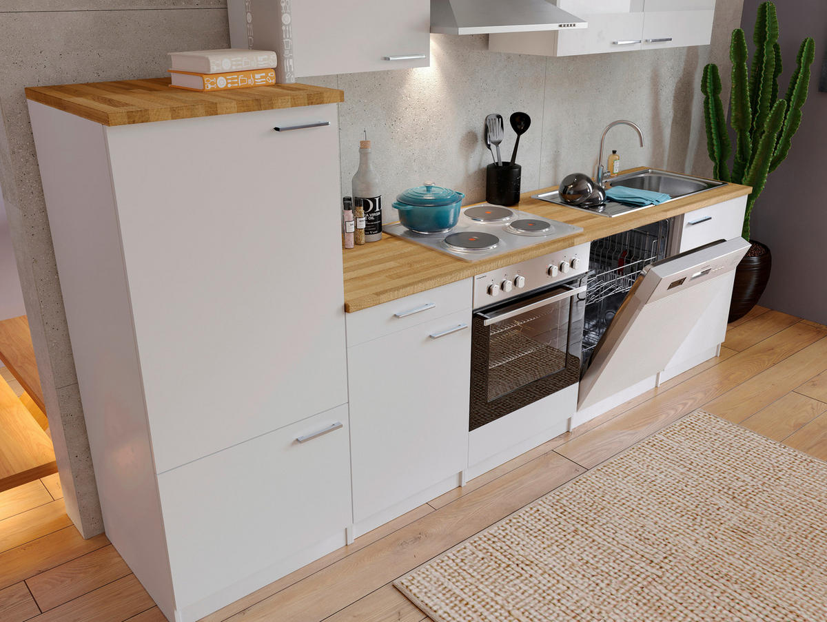 KÜCHENBLOCK 280 cm   in Weiß  - Edelstahlfarben/Nussbaumfarben, Basics, Holzwerkstoff/Metall (280cm) - Respekta