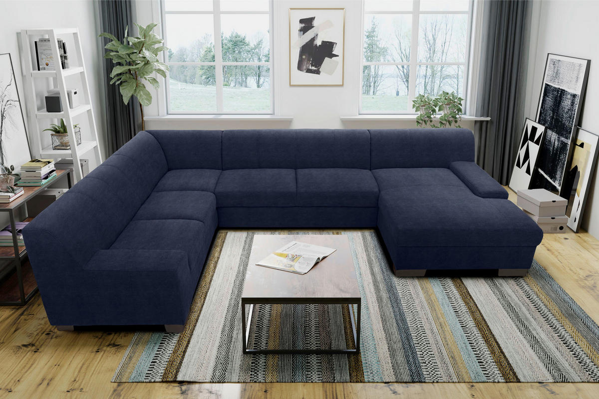 WOHNLANDSCHAFT  in Webstoff Blau  - Wengefarben/Blau, Design, Holz/Textil (212/328/153cm) - MID.YOU