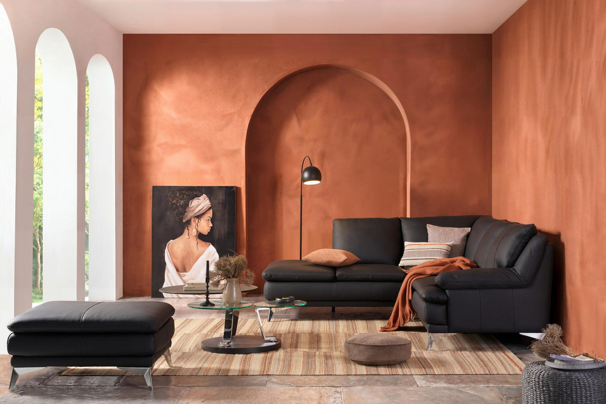 ECKSOFA Schwarz Echtleder  - Chromfarben/Schwarz, Design, Leder/Metall (224/252cm) - Novel