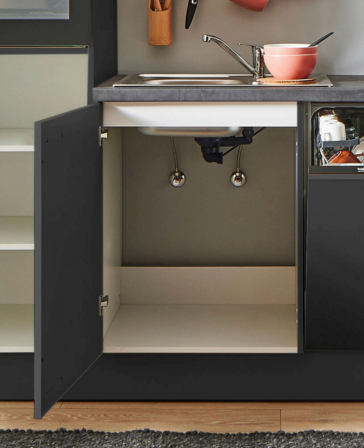 KÜCHENBLOCK PN 80 280 cm  in Graphitfarben, Eichefarben  - Eichefarben/Schwarz, Design, Holzwerkstoff/Metall (280cm) - Pino