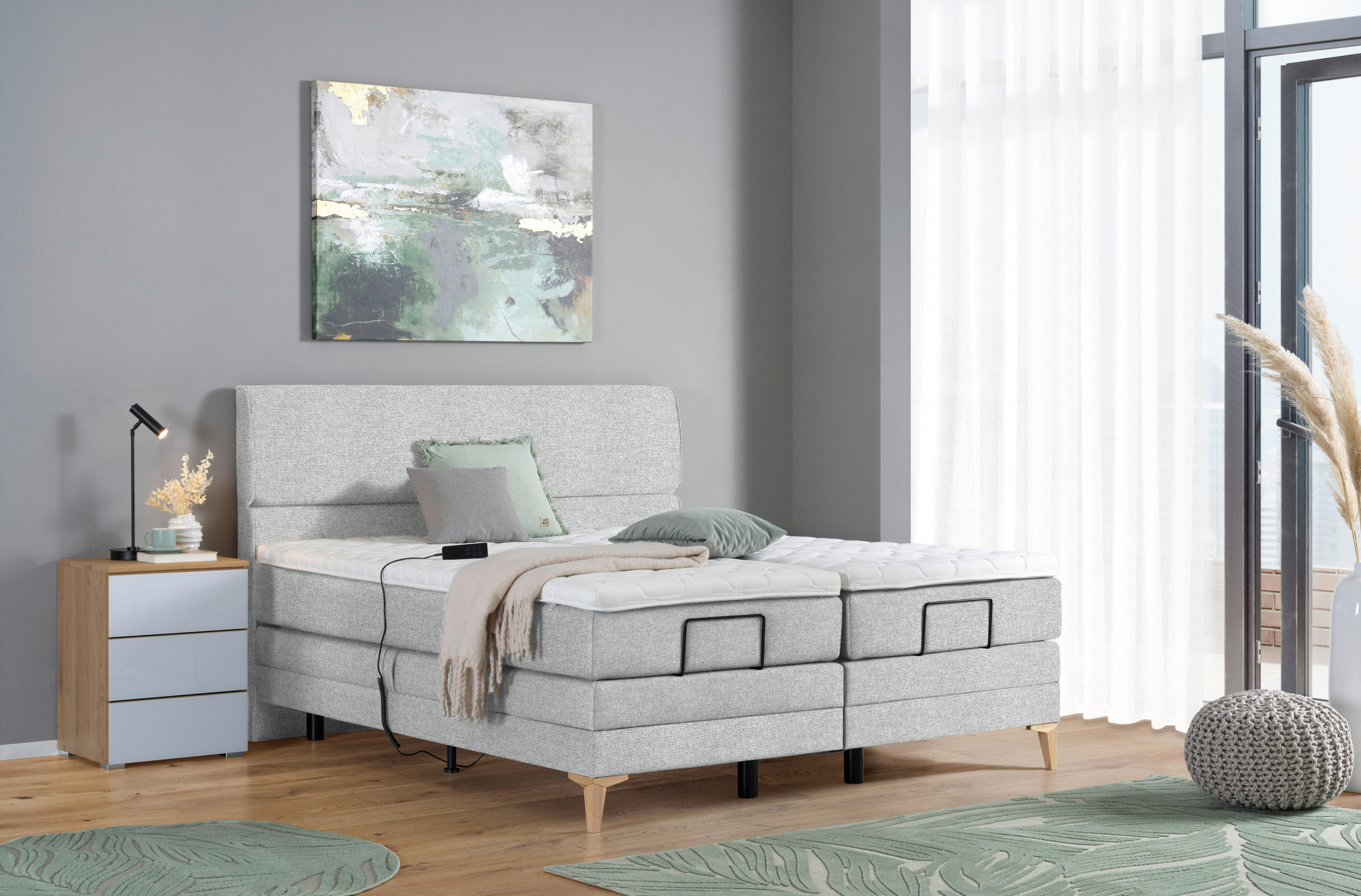 Thumbnail - Voleo Boxspringbett, Hellgrau, Textil, Eiche, massiv, H3, 7-Zonen, Höhe ca. 19 cm, 180x200 cm, Über- und Sondergrößen er...