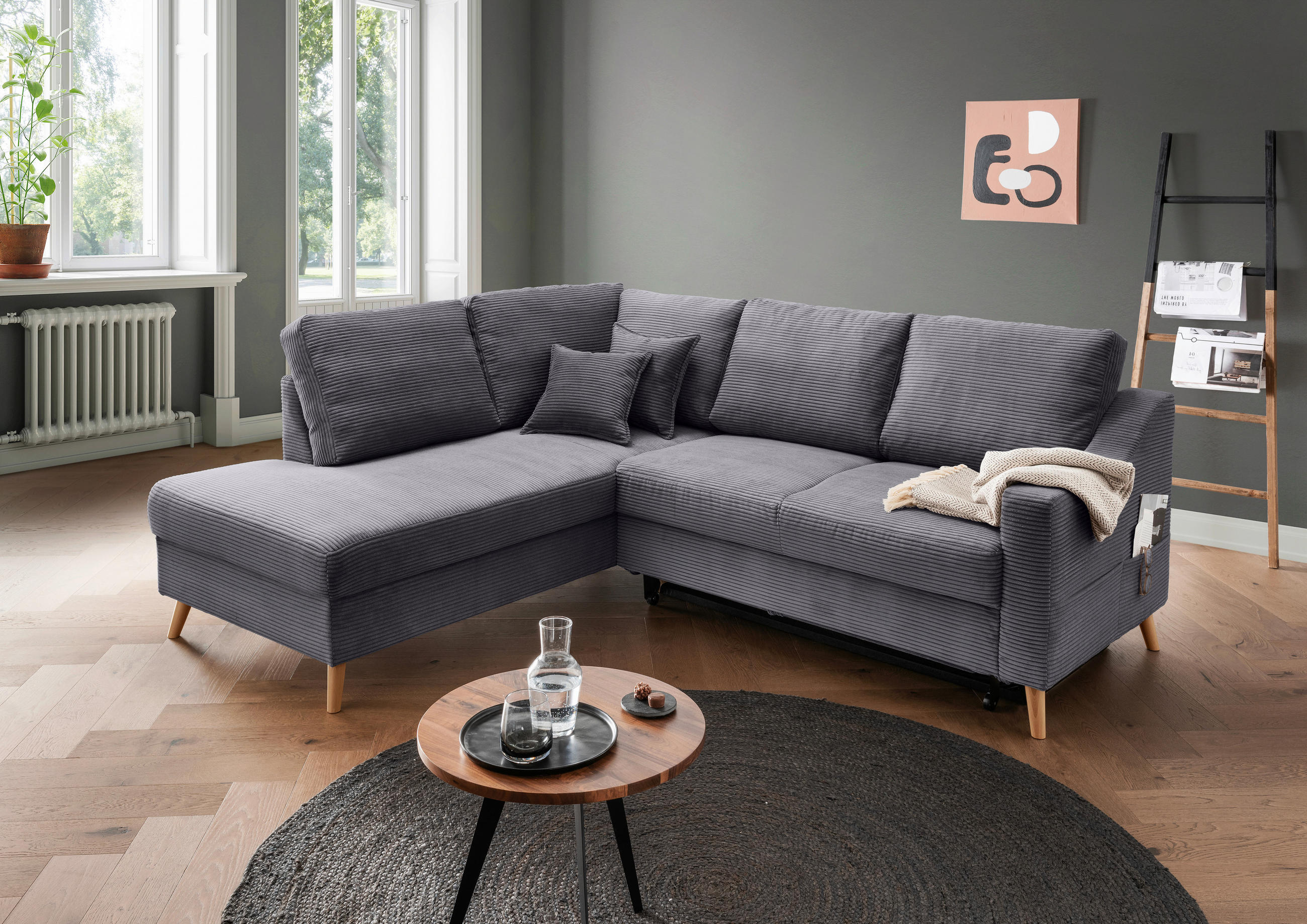 ECKSOFA in Cord Grau  - Naturfarben/Grau, Modern, Holz/Textil (200/230cm) - Livetastic