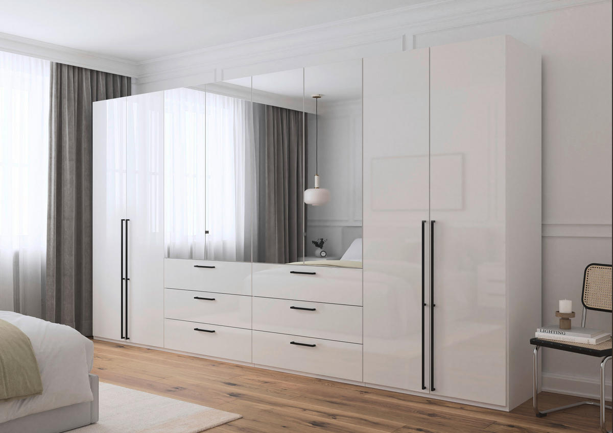 DREHTÜRENSCHRANK 400/223/61 cm,  in Weiß, Weiß Hochglanz, 8-türig  - Chromfarben/Weiß Hochglanz, Basics, Glas/Holzwerkstoff (400/223/61cm) - Novel