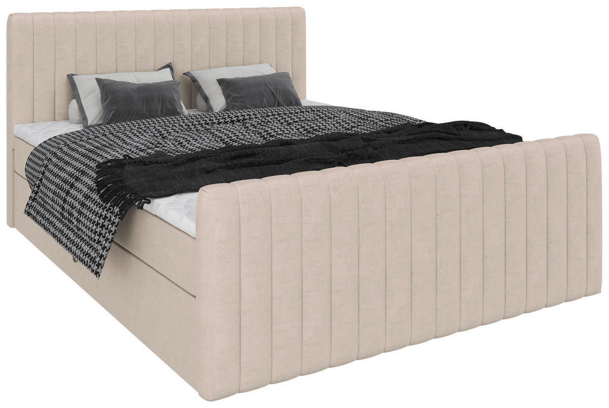 BOXBETT 160/200 cm,  in Creme, gepolstertes Kopfteil, Bettkasten, Topper, Matratzen, H3 + H3 = fest  - Creme/Schwarz, Basics, Kunststoff/Textil (160/200cm) - Chameo