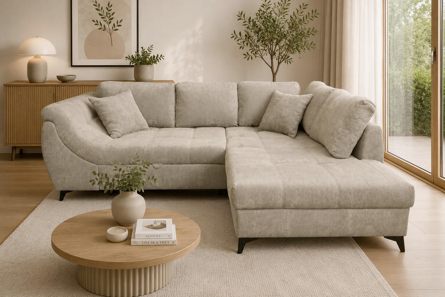 ECKSOFA LIVANO Beige Chenille Liegefläche im Originalstoff  - Beige/Schwarz, Design, Textil/Metall (250/190cm) - P & B
