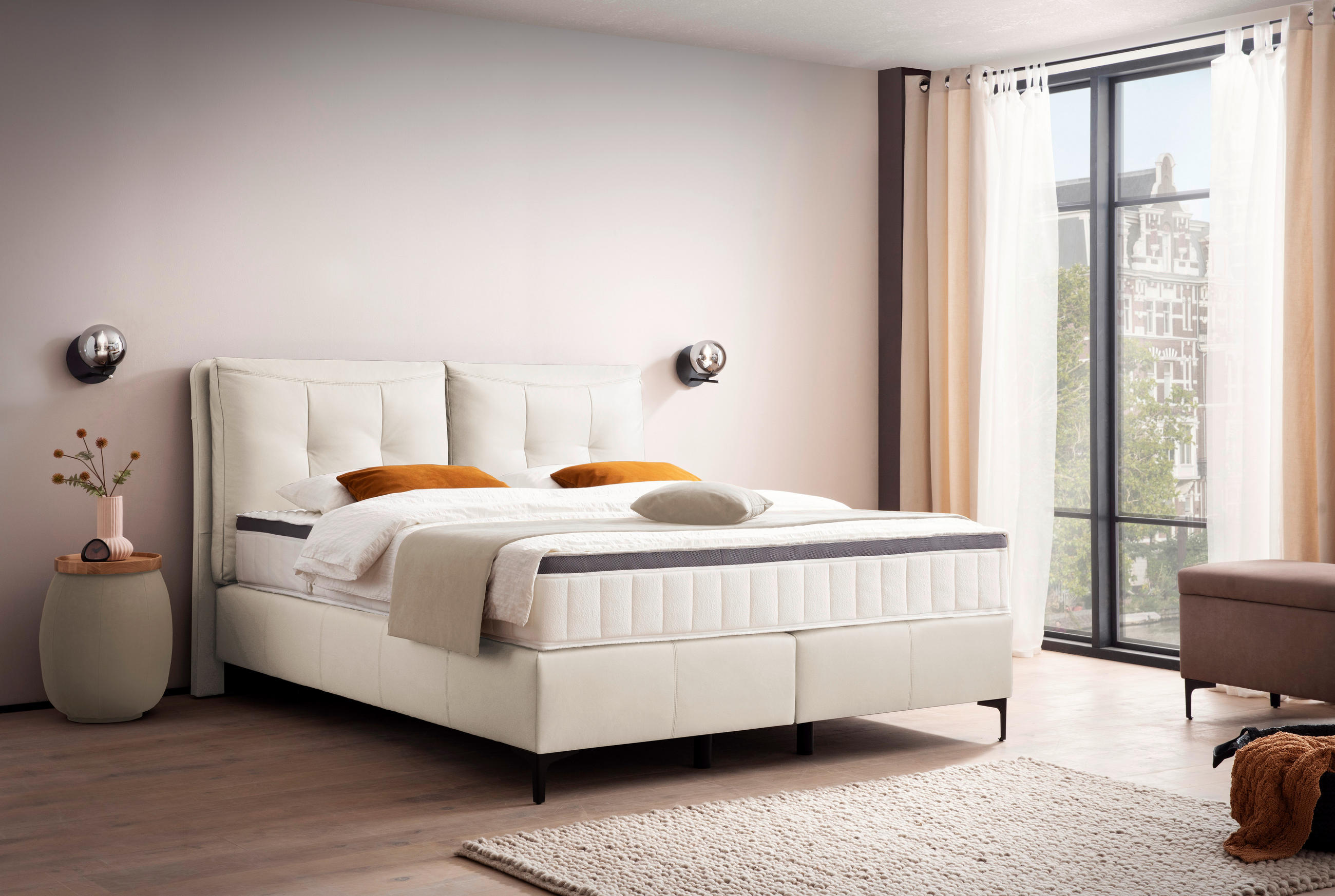 BOXSPRINGBETT 180/200 cm  in Weiß  - Schwarz/Weiß, Design, Leder/Holz (180/200cm) - Novel