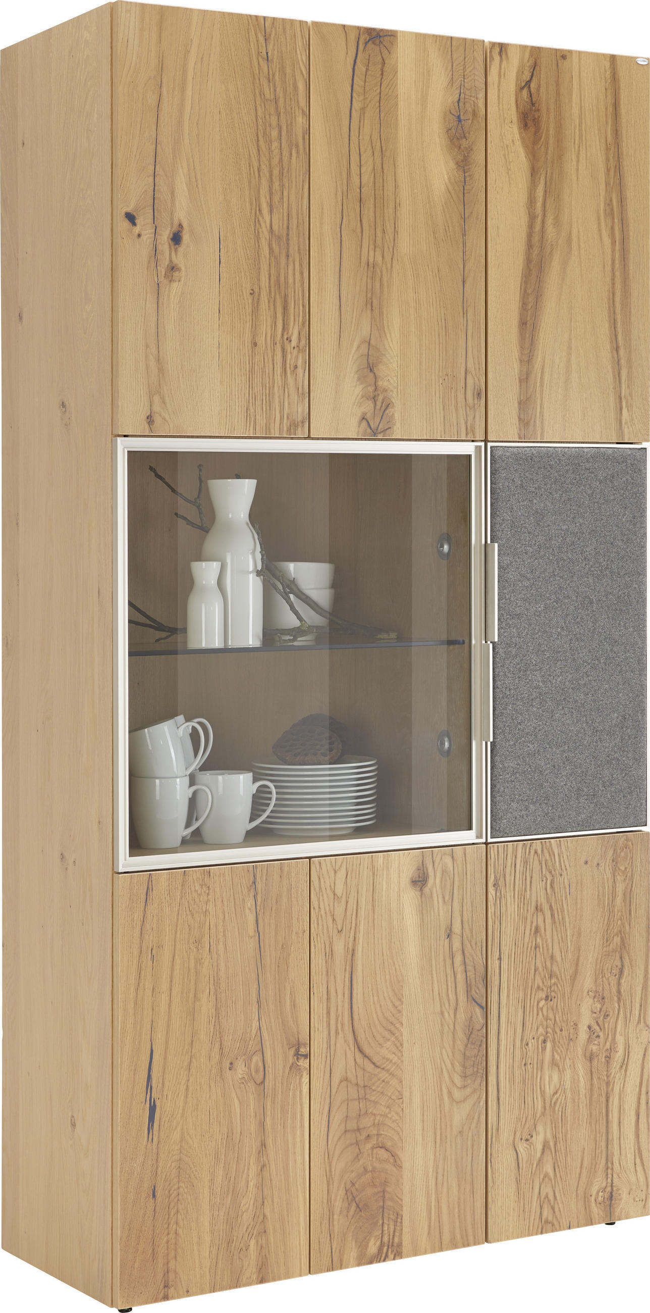 Vitrine in furniert, mehrschichtige Massivholzplatte (Tischlerplatte) Altholz, Eiche Grau, Eichefarben