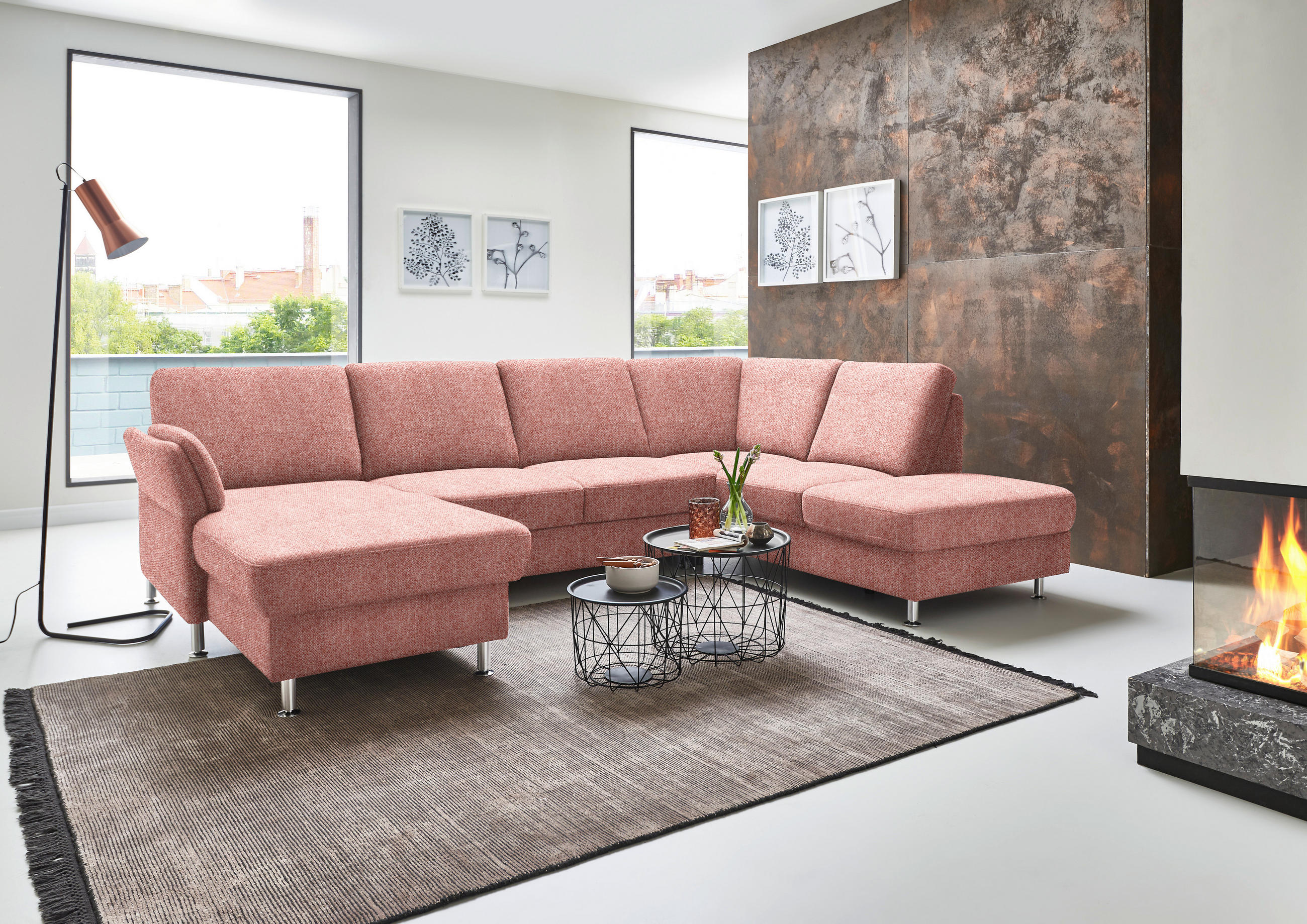 WOHNLANDSCHAFT in Flachgewebe Rot  - Chromfarben/Rot, Konventionell, Textil/Metall (168/305/200cm) - Beldomo System