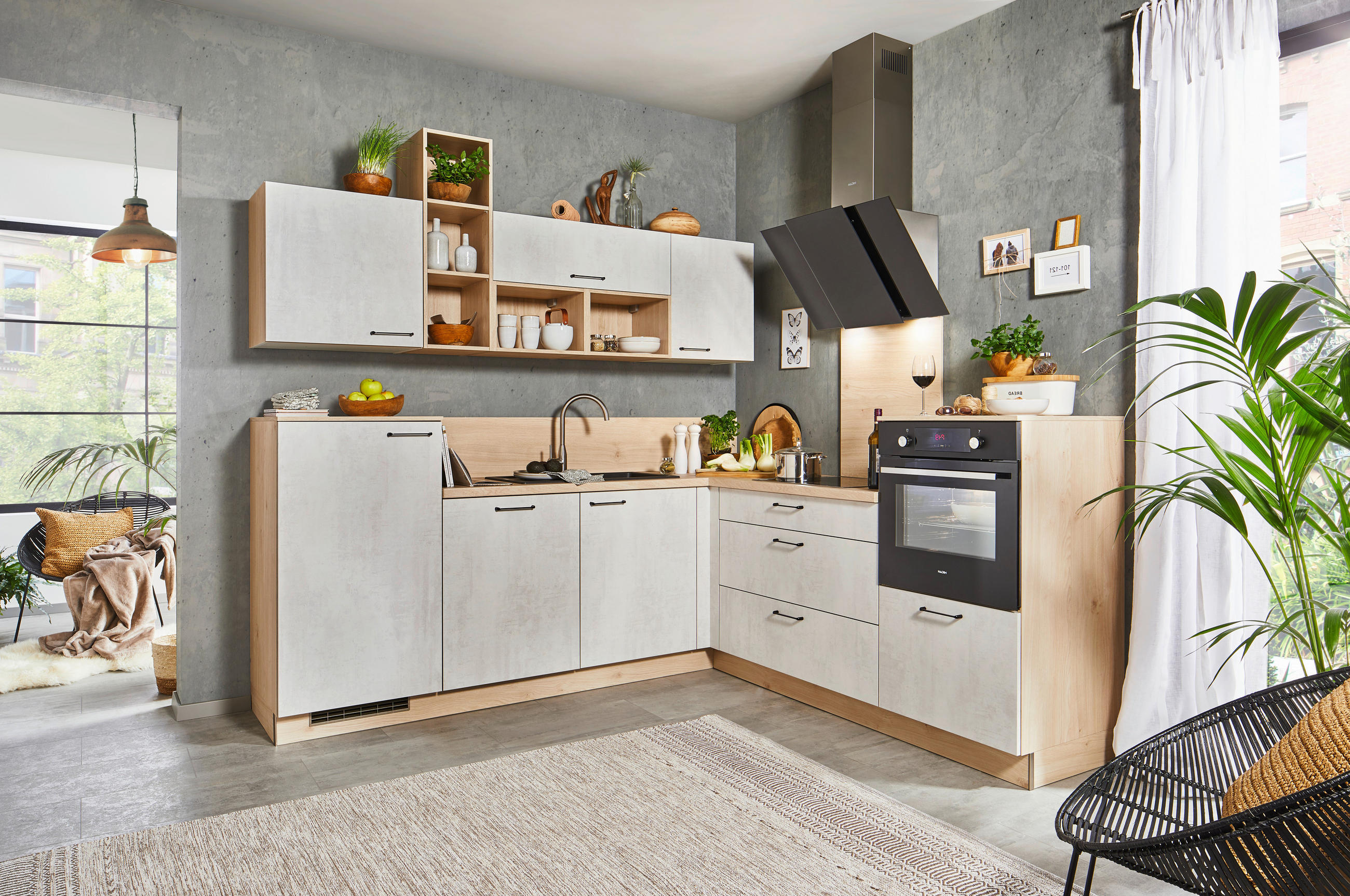 KOTNA KUHINJA - barve hrasta/bela, Moderno, leseni material (245/226cm) - Welnova