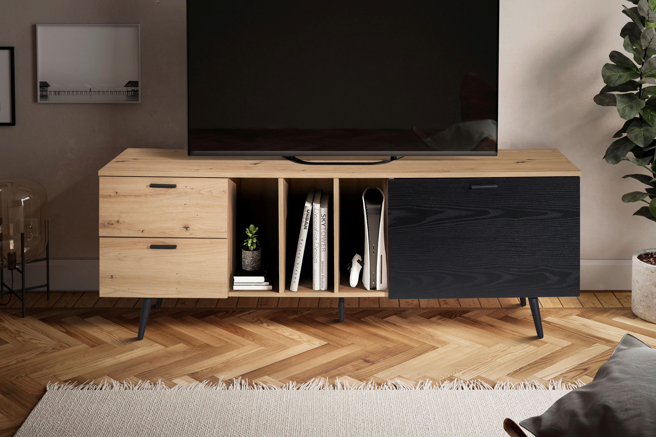 LOWBOARD  in 150/55/40 cm  - Eichefarben/Schwarz, Design, Holzwerkstoff/Metall (150/55/40cm) - Livetastic
