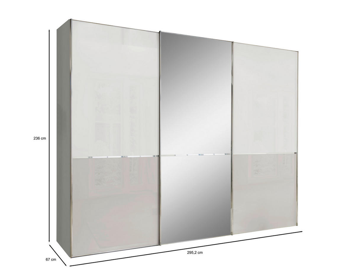 SCHWEBETÜRENSCHRANK  in Grau, Weiß  - Chromfarben/Weiß, KONVENTIONELL, Glas/Holzwerkstoff (300/236/67cm) - Novel