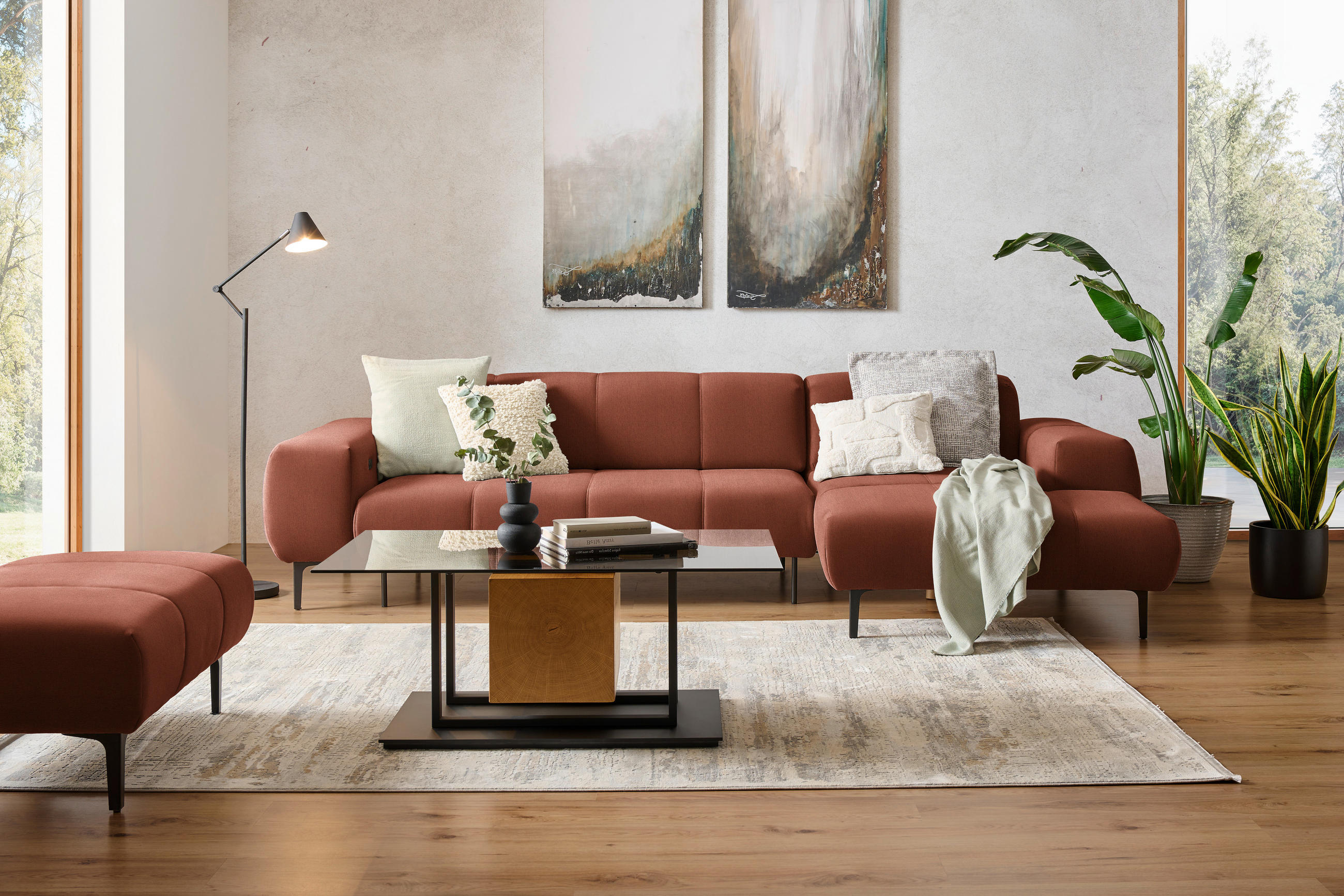 ECKSOFA in Chenille Cognac  - Cognac/Schwarz, Design, Textil/Metall (311/167cm) - Xora