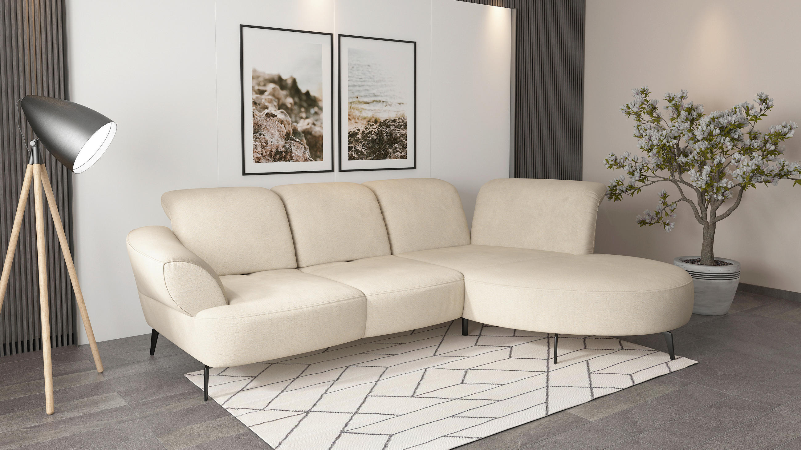 ECKSOFA DANCE E Sandfarben Chenille  - Sandfarben/Schwarz, MODERN, Textil/Metall (313/208cm) - Sit & More