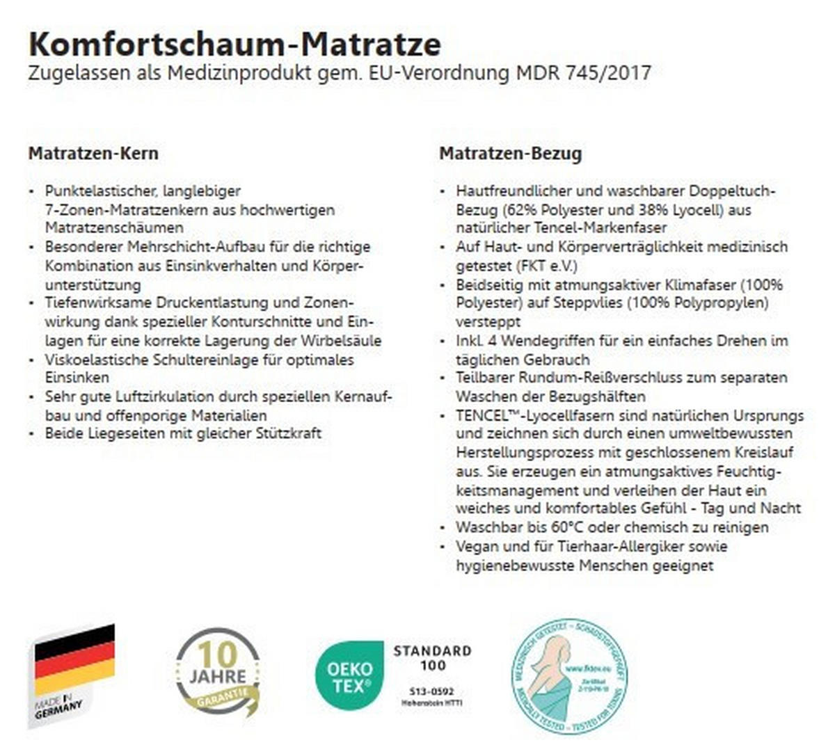 KOMFORTSCHAUMMATRATZE 100/200 cm Höhe ca. 22 cm 7 -Zonen - Weiß, Basics, Textil (100/200cm) - Novel