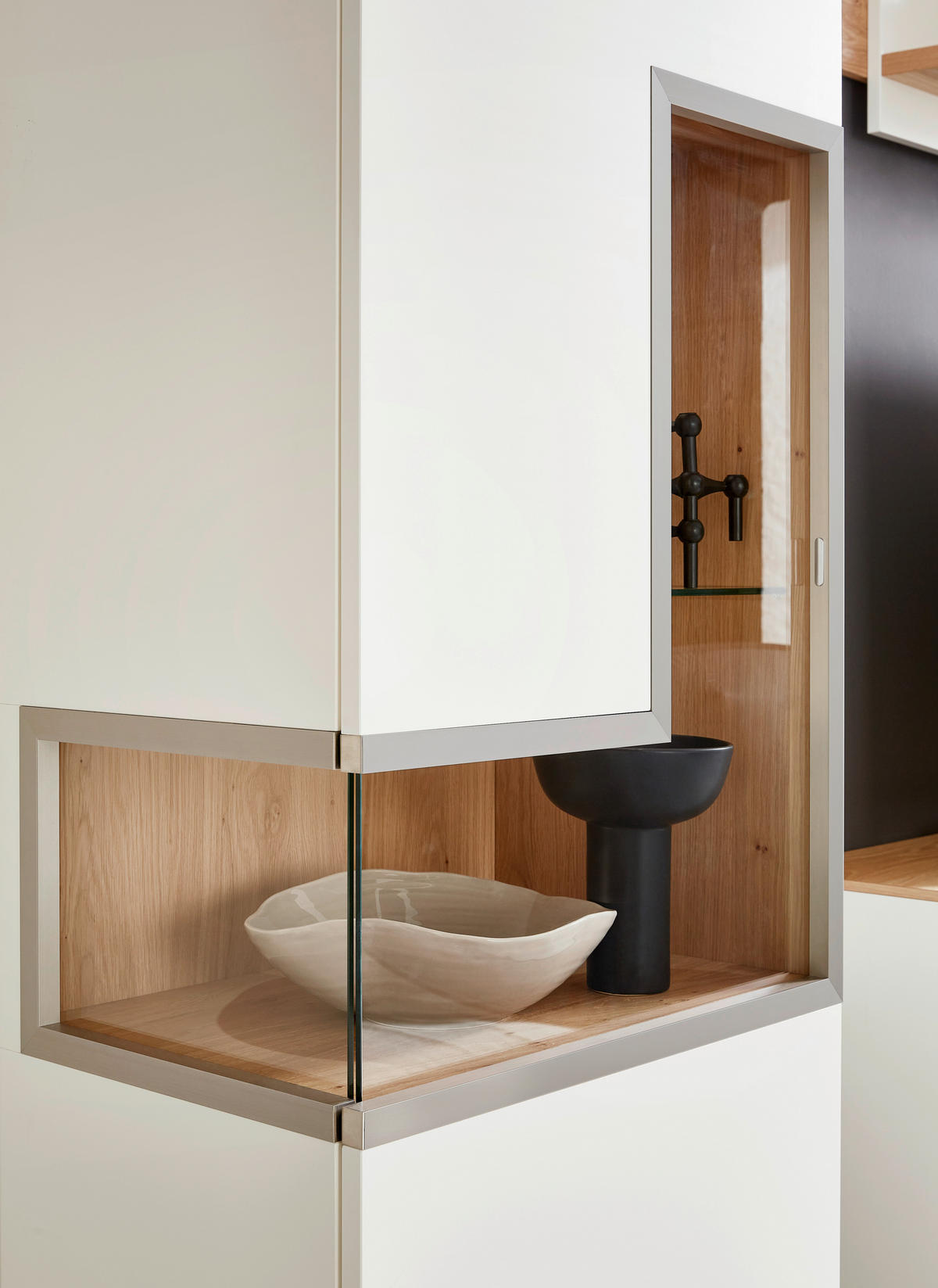 WOHNWAND  in Weiß, Eichefarben  290/218,3/52 cm  - Edelstahlfarben/Eichefarben, Design, Glas/Holz (290/218,3/52cm) - Dieter Knoll