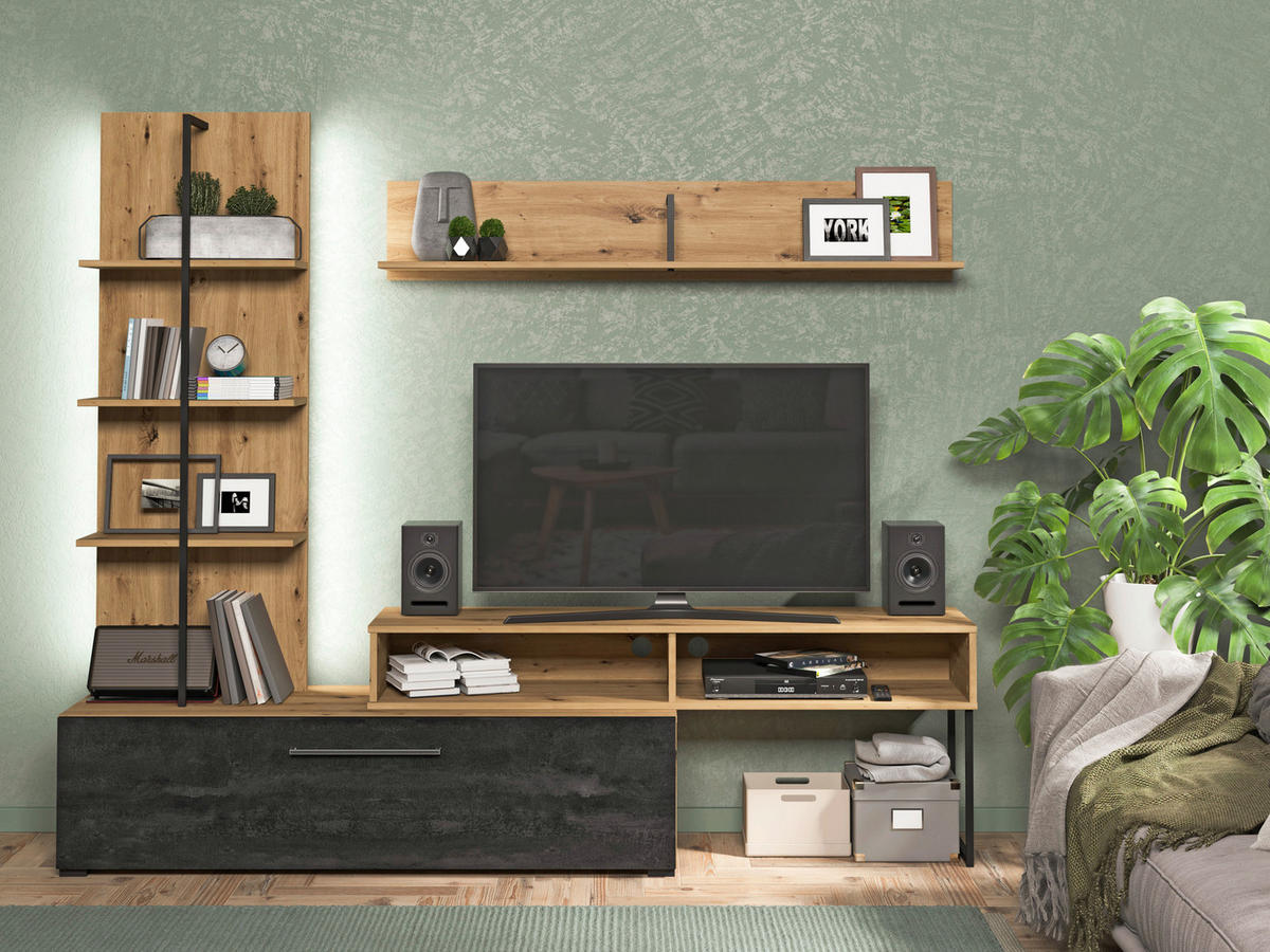 WOHNWAND  in Schwarz, Eiche Artisan  205,5/173/41,5 cm  - Schwarz/Eiche Artisan, KONVENTIONELL, Holzwerkstoff/Kunststoff (205,5/173/41,5cm) - Carryhome