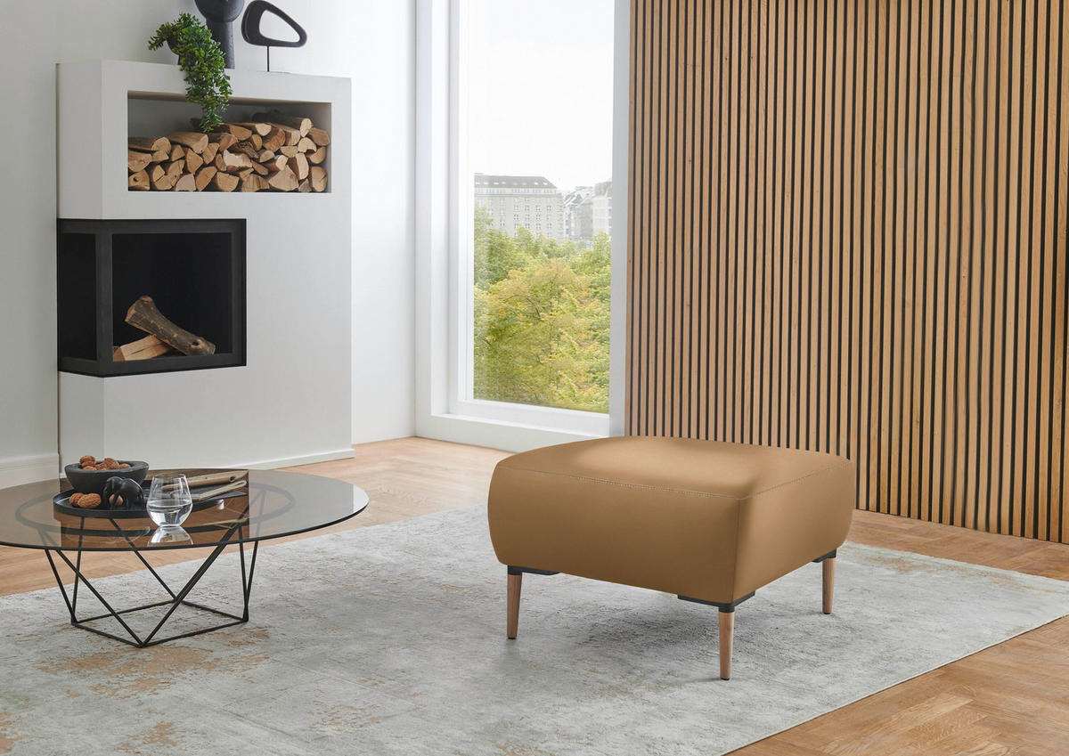 HOCKER Leder Honig  - Beige/Schwarz, Natur, Leder/Holz (65/46/55cm) - Valnatura