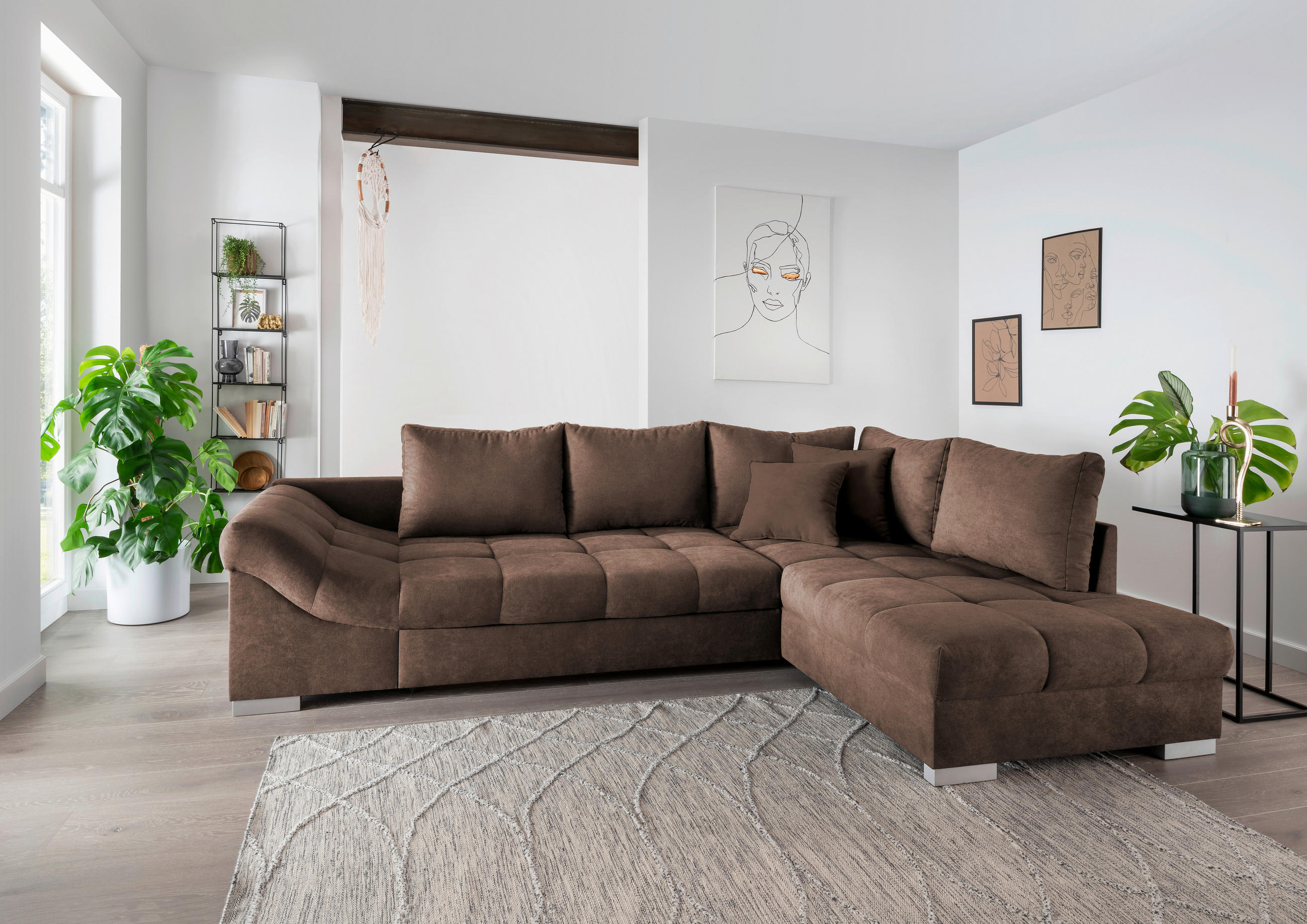 ECKSCHLAFSOFA Braun Mikrofaser  - Silberfarben/Braun, Design, Holz/Textil (298/202cm) - MID.YOU
