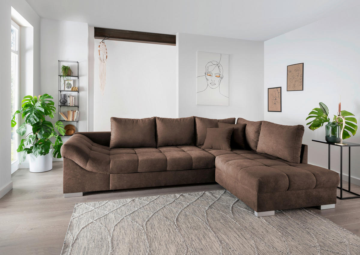 ECKSCHLAFSOFA in Braun Textil   - Silberfarben/Braun, Design, Holz/Textil (298/202cm) - MID.YOU