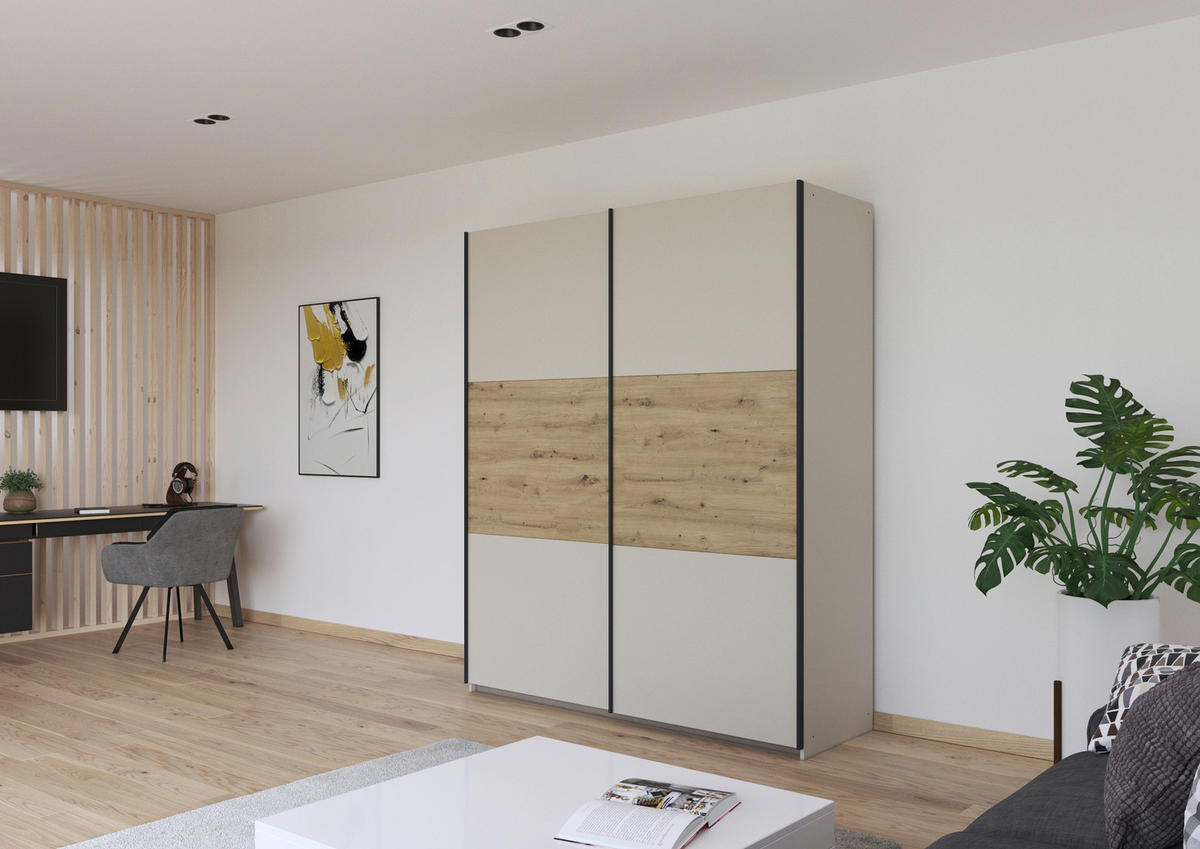 SCHWEBETÜRENSCHRANK in Champagner, Eiche Artisan  - Champagner/Eiche Artisan, Modern, Holzwerkstoff/Metall (175/210/59cm) - Rauch Möbel