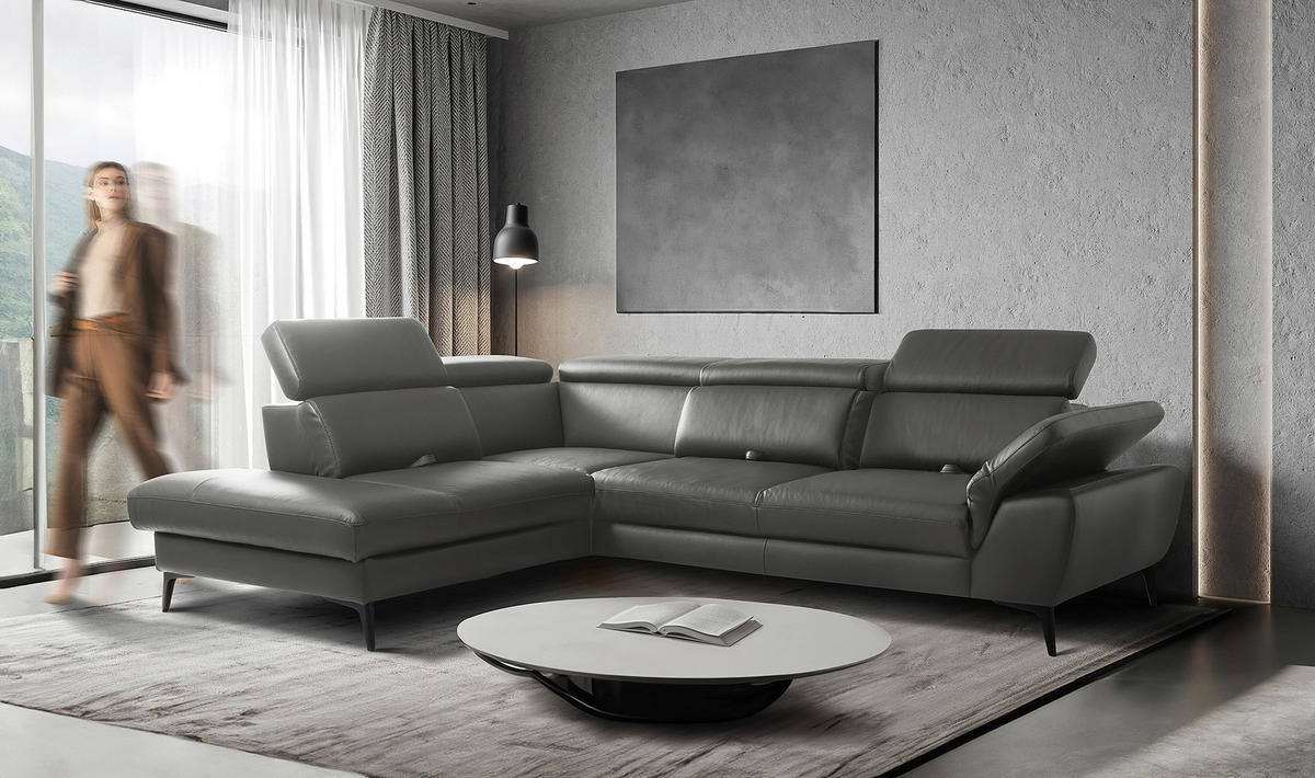 ECKSOFA Lederlook Echtleder Anthrazit  - Anthrazit/Schwarz, Design, Leder/Textil (220/274cm) - Livetastic