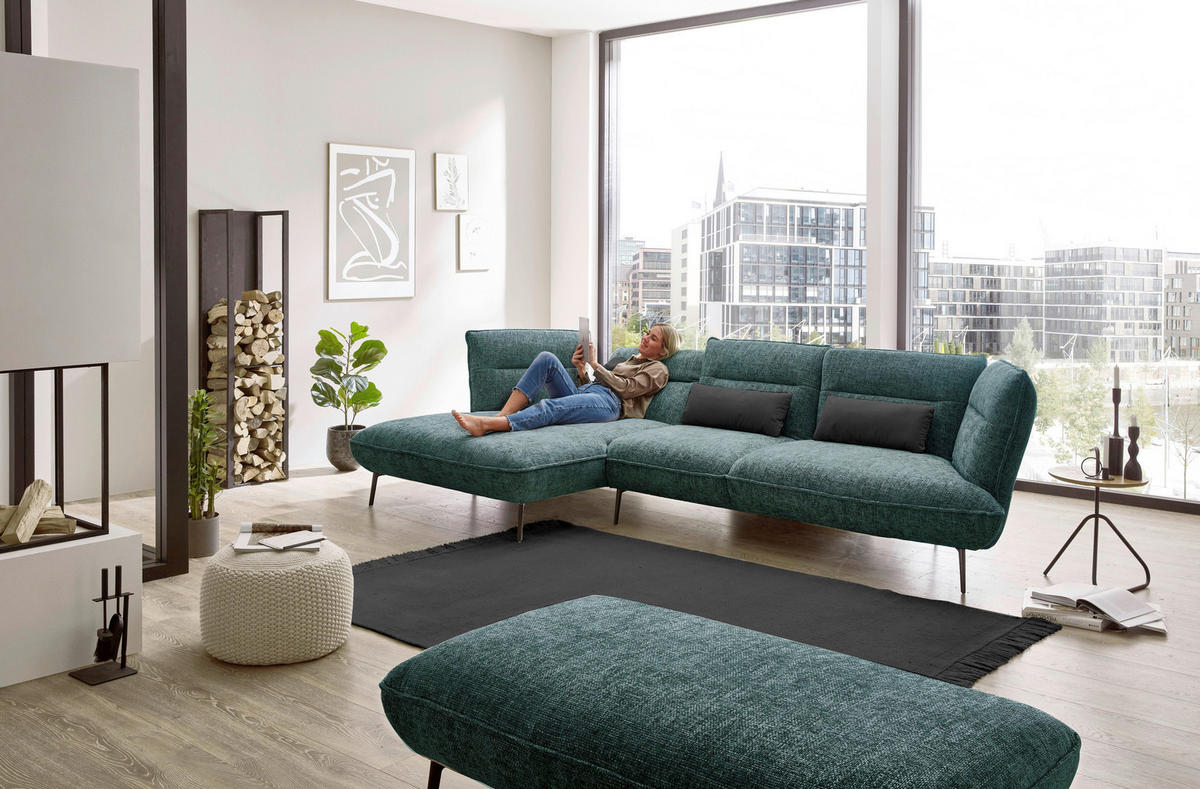 ECKSOFA in Flachgewebe Blau, Grün  - Blau/Schwarz, Design, Textil/Metall (153/339cm) - Moderano