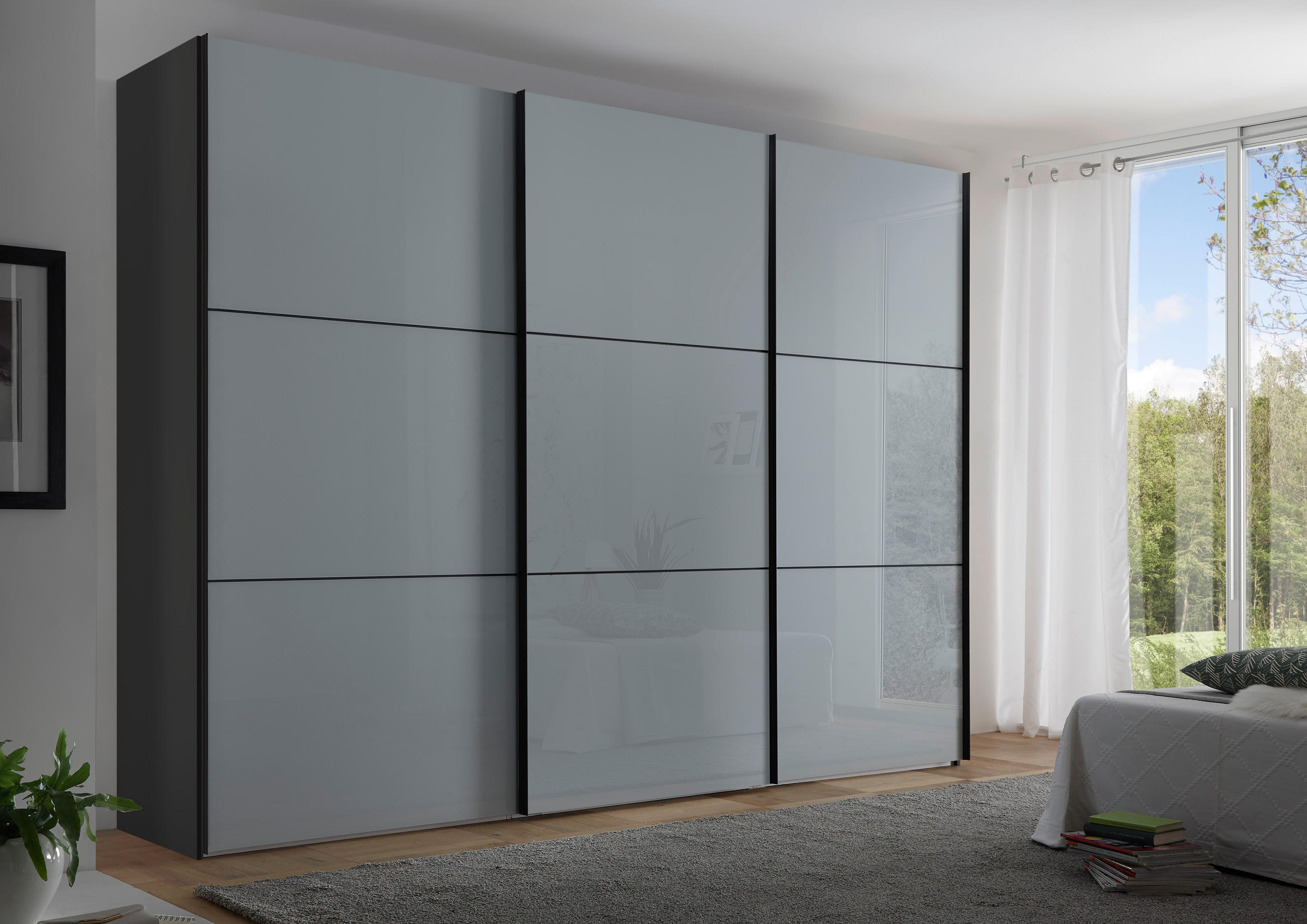 Schwebetürenschrank Glasfront 280 cm Includo, Hellgrau