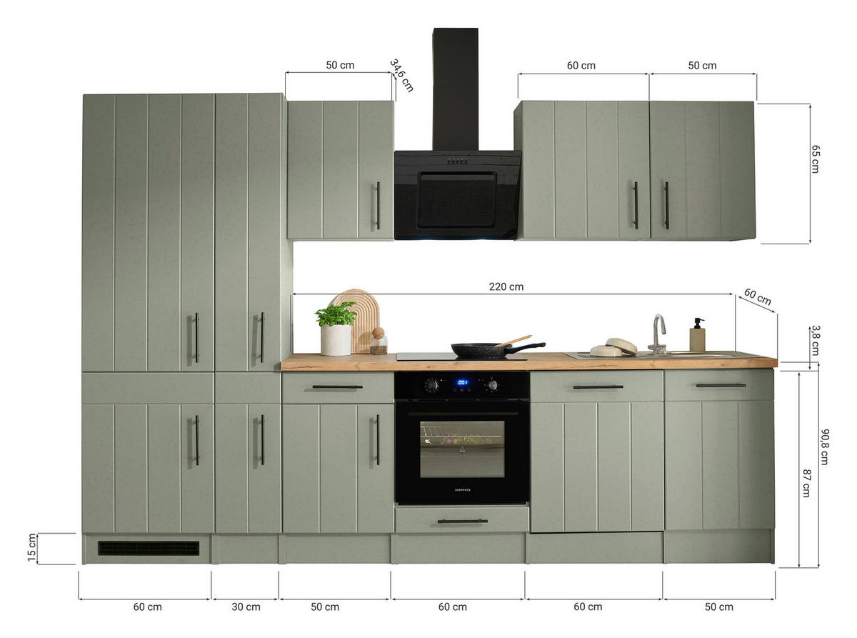 KÜCHENBLOCK 310 cm   in Wildeiche, Schilfgrün  - Schilfgrün/Wildeiche, Trend, Holzwerkstoff/Metall (310cm) - Respekta