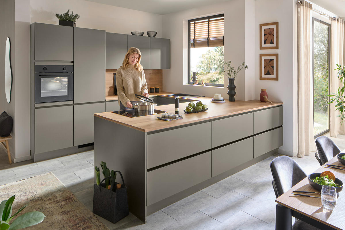 EINBAUKÜCHE   - Taupe/Eichefarben, Design, Holzwerkstoff - Celina