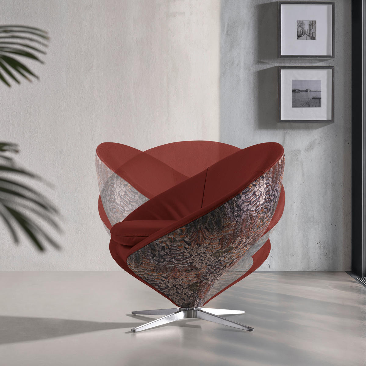 SESSEL Jacquard Kombination Echtleder/Stoff Weinrot  - Weinrot/Nickelfarben, Design, Leder/Textil (84/81/79cm) - Koinor