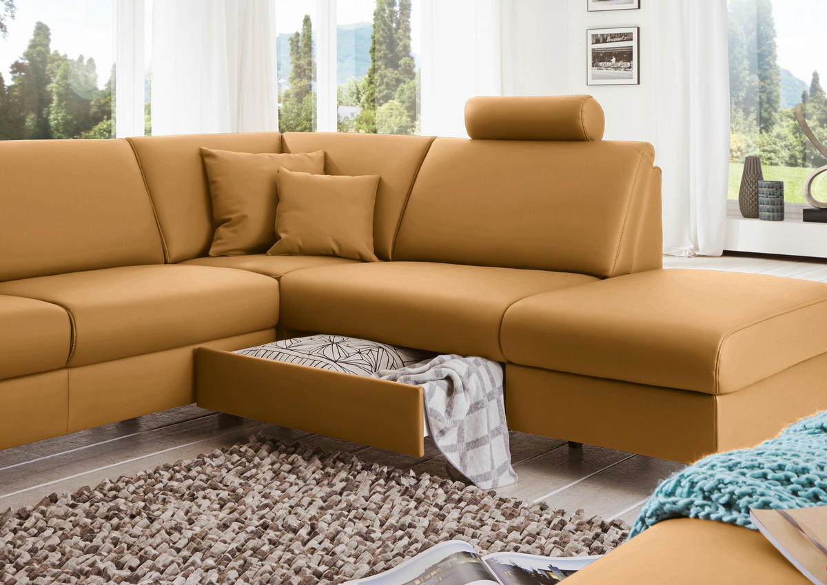 WOHNLANDSCHAFT in Echtleder Gelb  - Gelb/Alufarben, Design, Leder/Metall (165/339/233cm) - Beldomo Premium