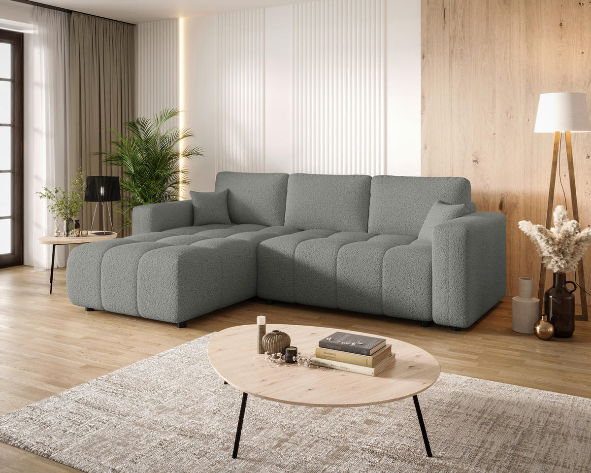 ECKSOFA Hellgrau Bouclé Zierkissen, Rückenkissen, Bettkasten, Schlaffunktion, Rücken echt, Liegefläche im Originalstoff  - Hellgrau/Schwarz, MODERN, Kunststoff/Textil (190/280cm) - Carryhome