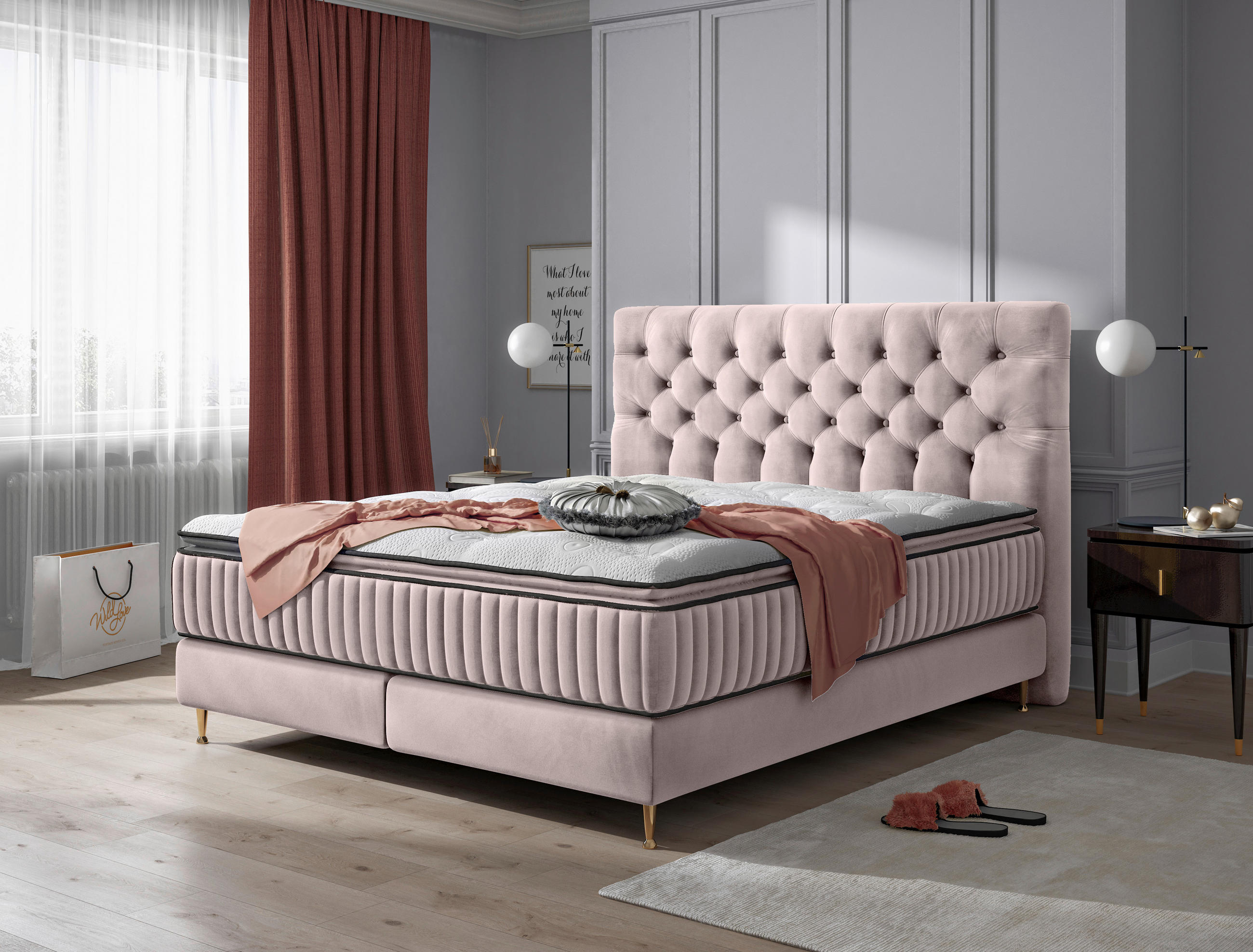 BOXSPRINGBETT 180/200 cm  in Hellrosa  - Hellrosa/Goldfarben, Design, Textil/Metall (180/200cm) - Boxxx