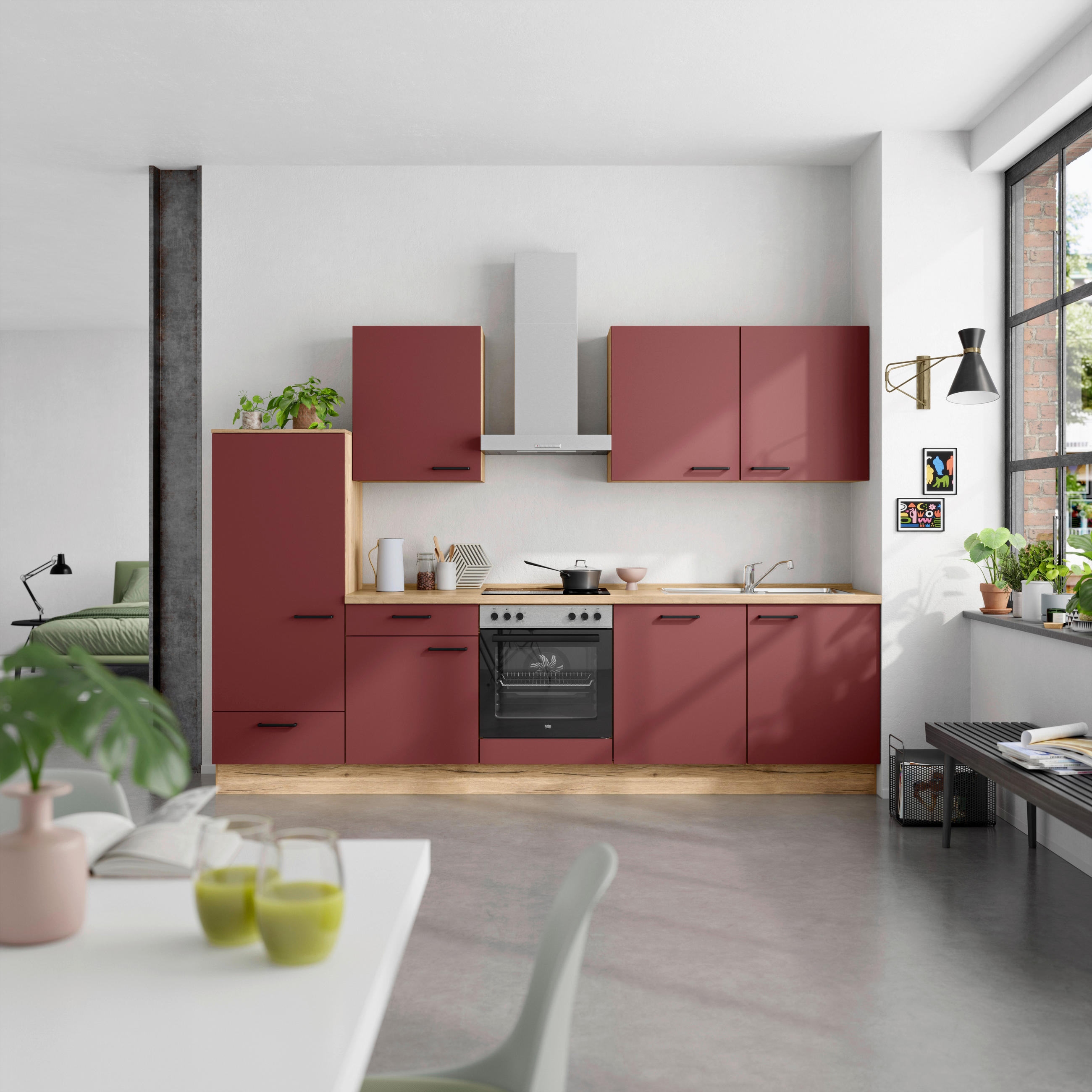 KÜCHENBLOCK Easytouch 300 cm  in Eichefarben, Dunkelrot  - Eichefarben/Schwarz, MODERN, Holzwerkstoff/Metall (300cm) - Nobilia