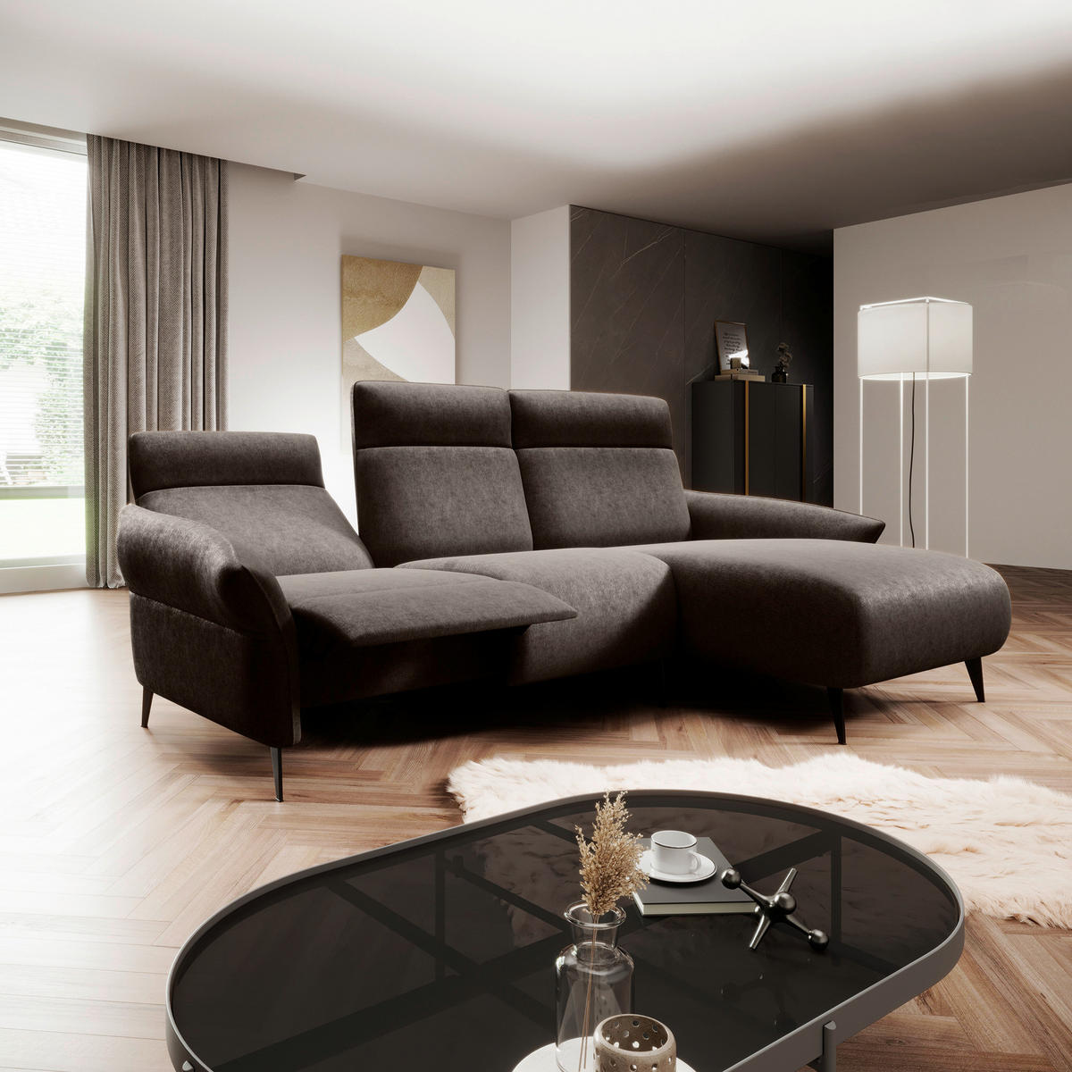 3-SITS SOFFA i flatväv brun  - brun/svart, Design, metall/trämaterial (286x160/103/97x150cm) - Stylife