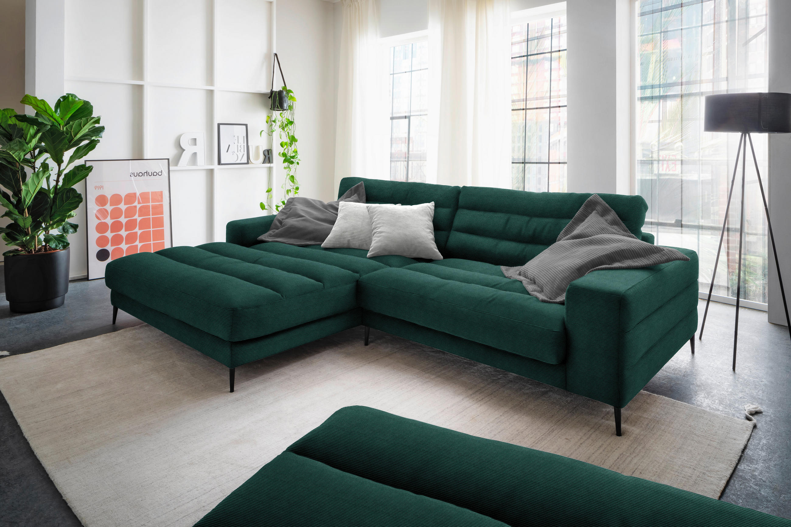 ECKSOFA in Cord Grün  - Schwarz/Grün, Design, Textil/Metall (207/296cm) - Dieter Knoll