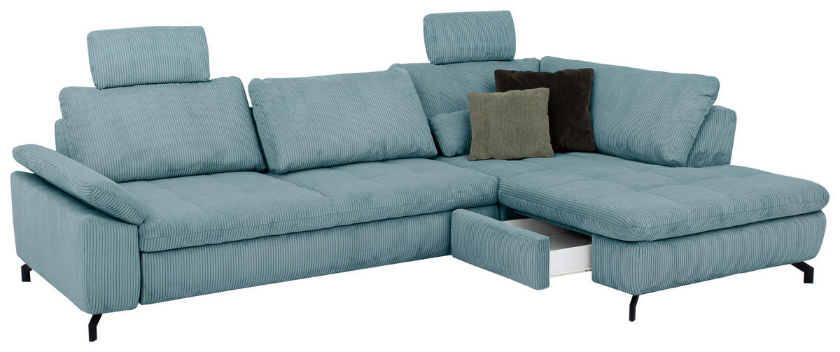 ECKSOFA in Cord, Velours Hellblau  - Schwarz/Hellblau, Design, Textil/Metall (291/197cm) - Beldomo Style